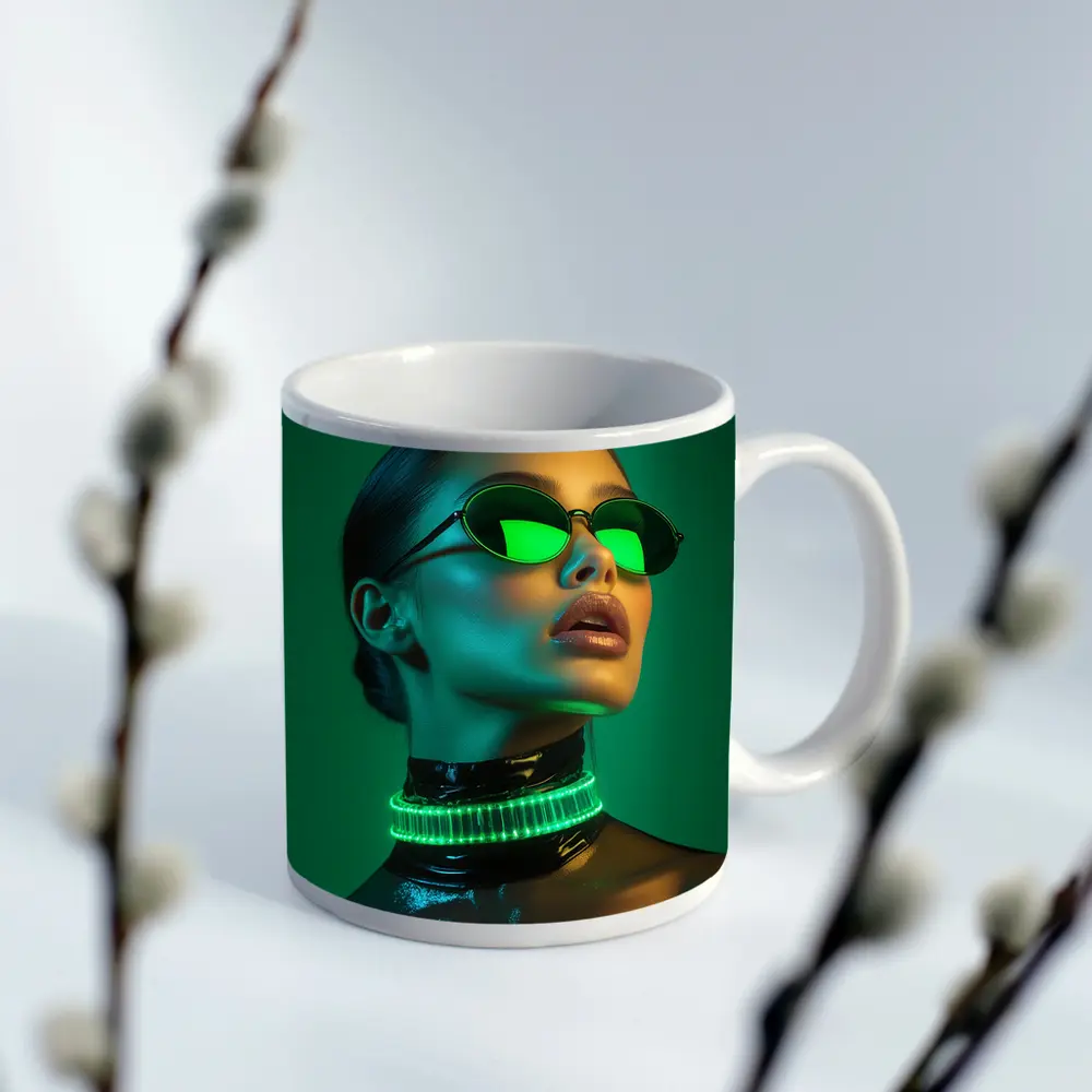 Neon Green Woman Portrait Cyberpunk Style – Mugs