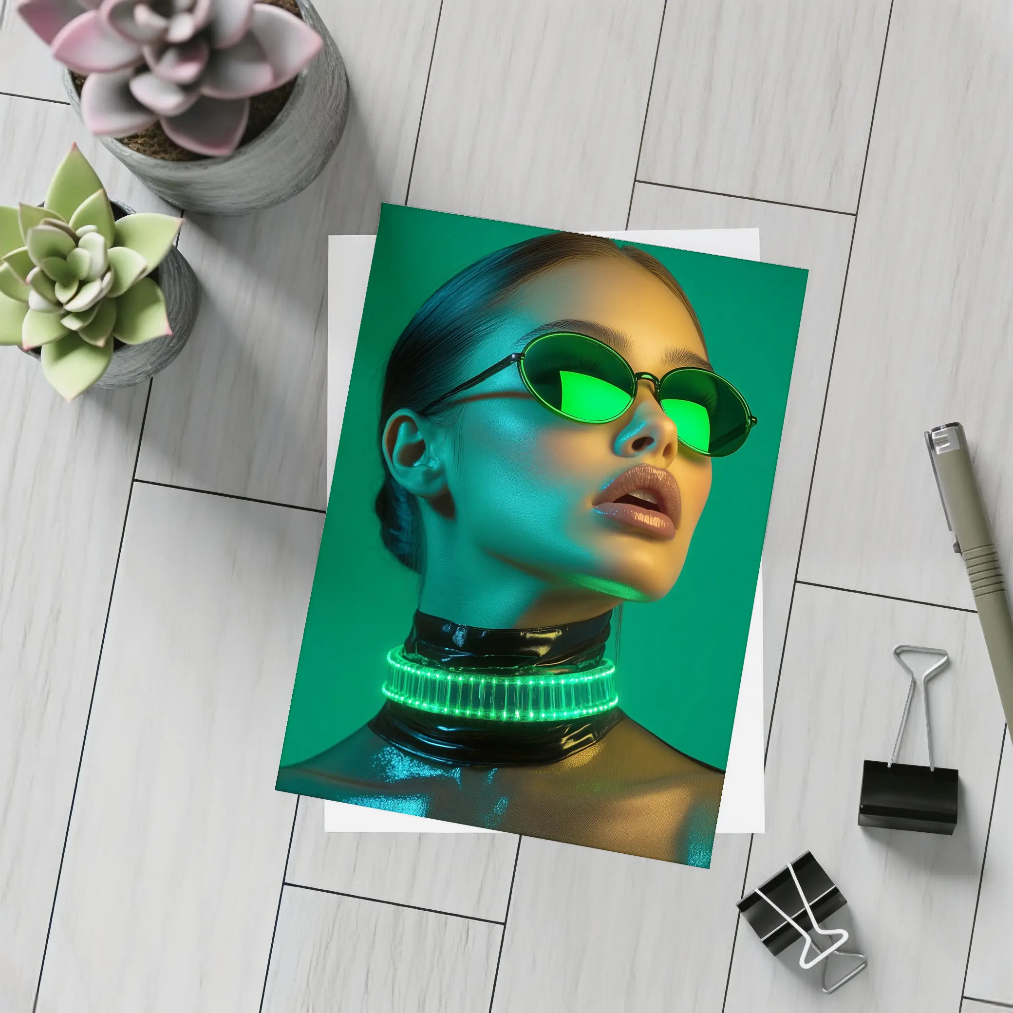 Neon Green Woman Portrait Cyberpunk Style – Postcards