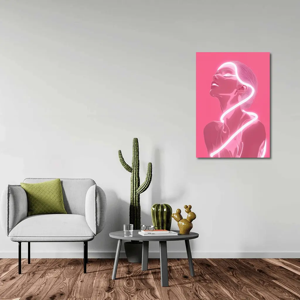 Neon Line Woman Portrait Pink Background Art – Wall Art