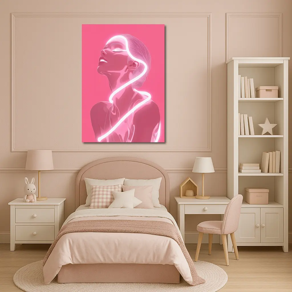 Neon Line Woman Portrait Pink Background Art – Wall Art