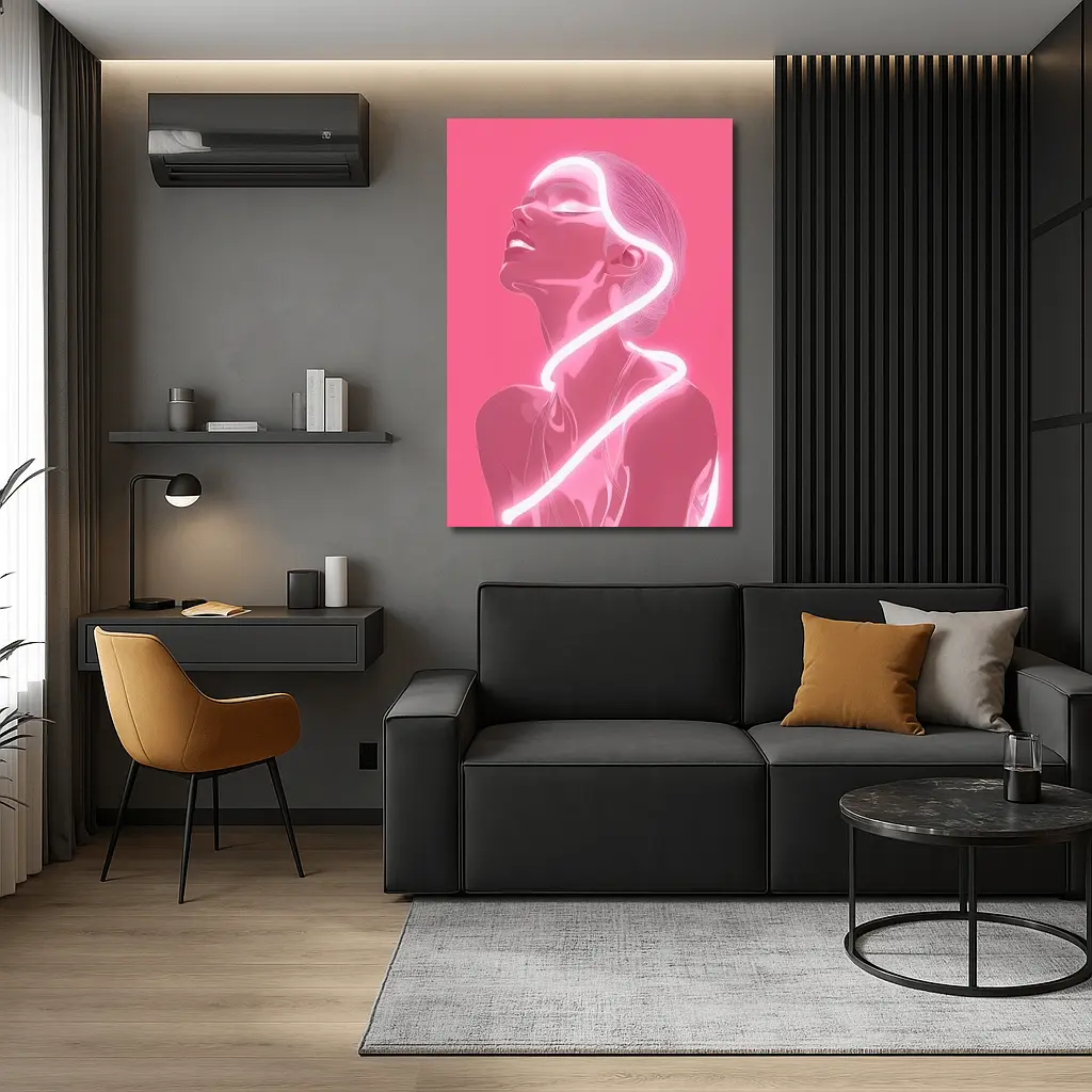 Neon Line Woman Portrait Pink Background Art – Wall Art