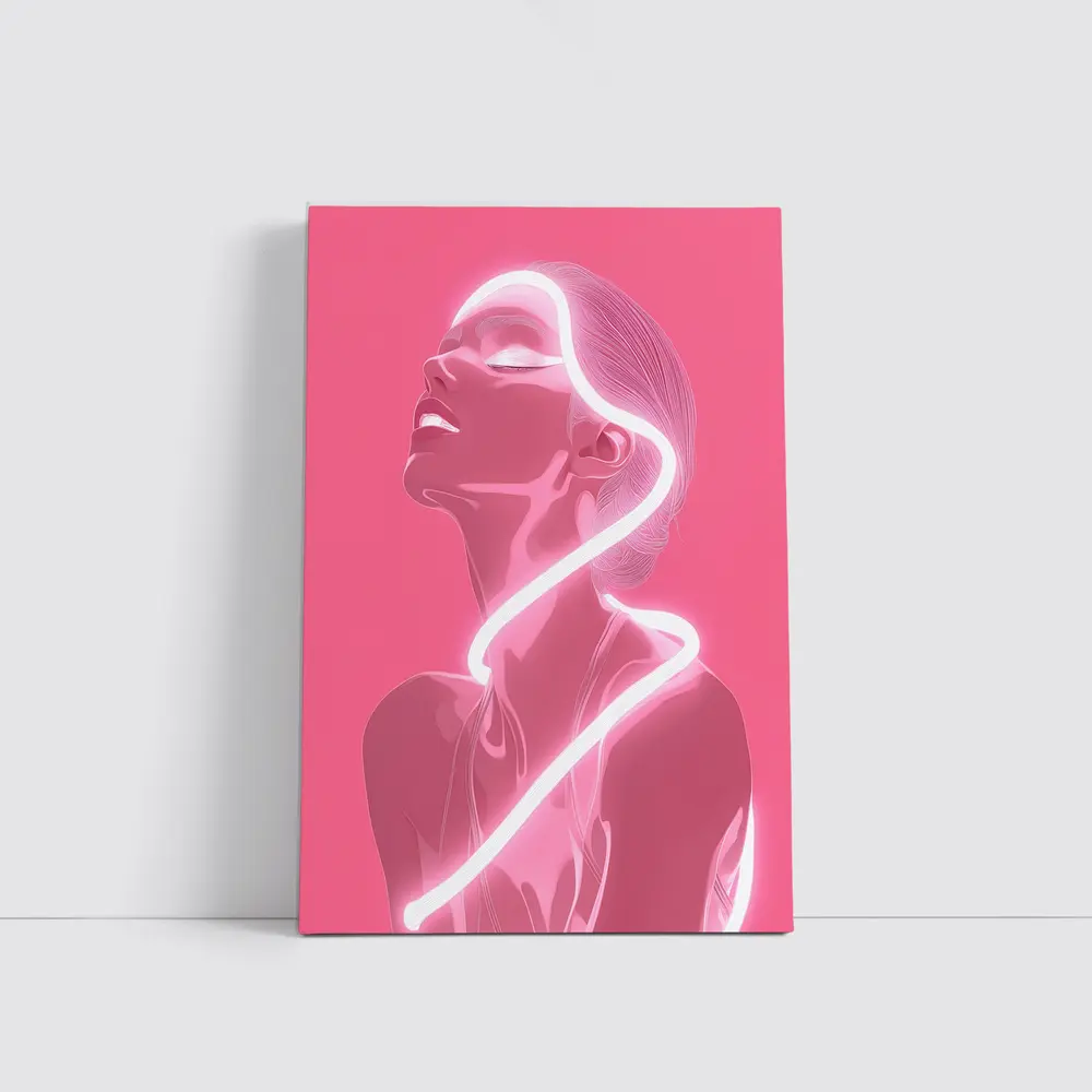 Neon Line Woman Portrait Pink Background Art – Wall Art