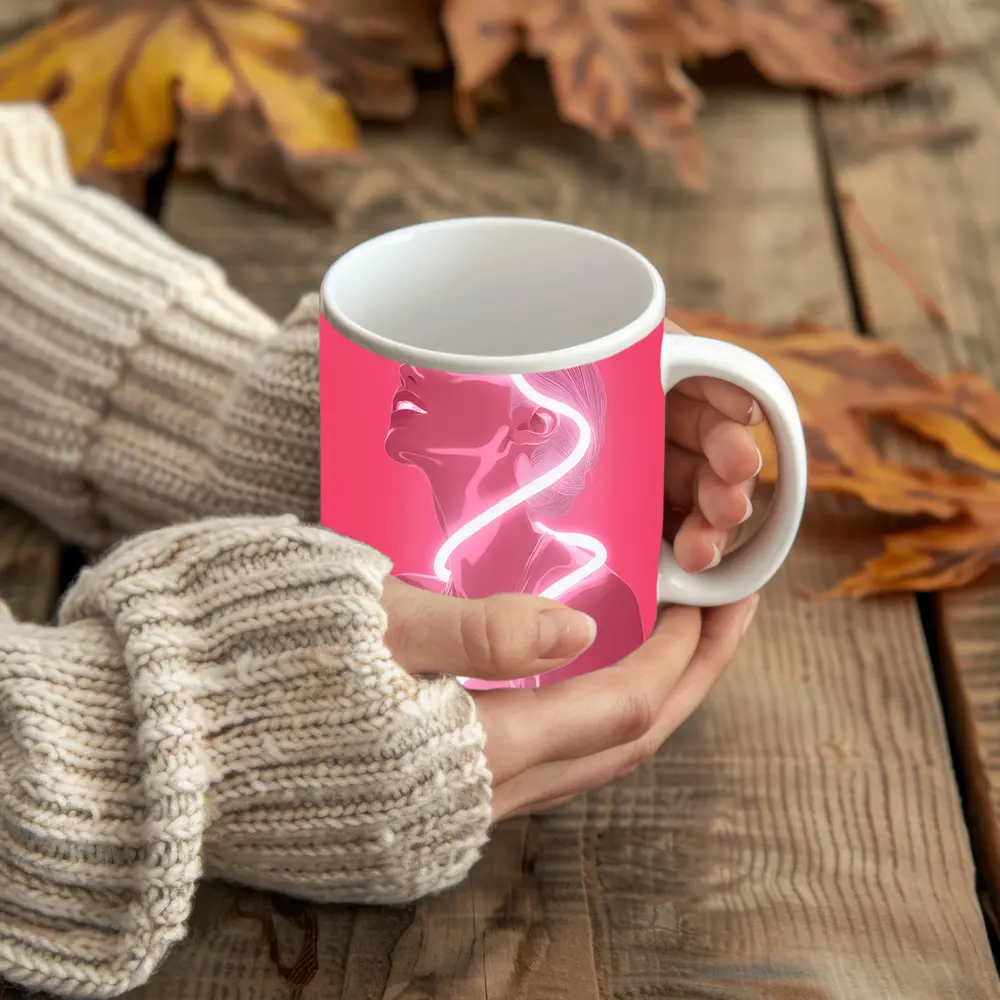 Neon Line Woman Portrait Pink Background Art – Mugs