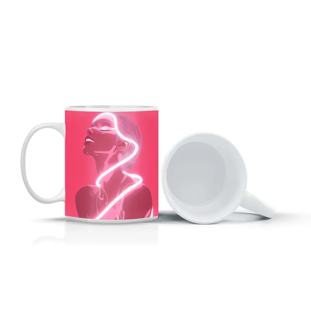 Neon Line Woman Portrait Pink Background Art – Mugs