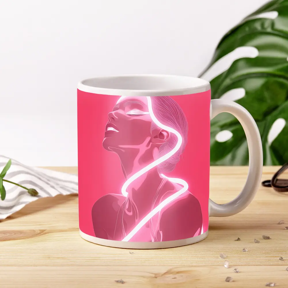 Neon Line Woman Portrait Pink Background Art – Mugs