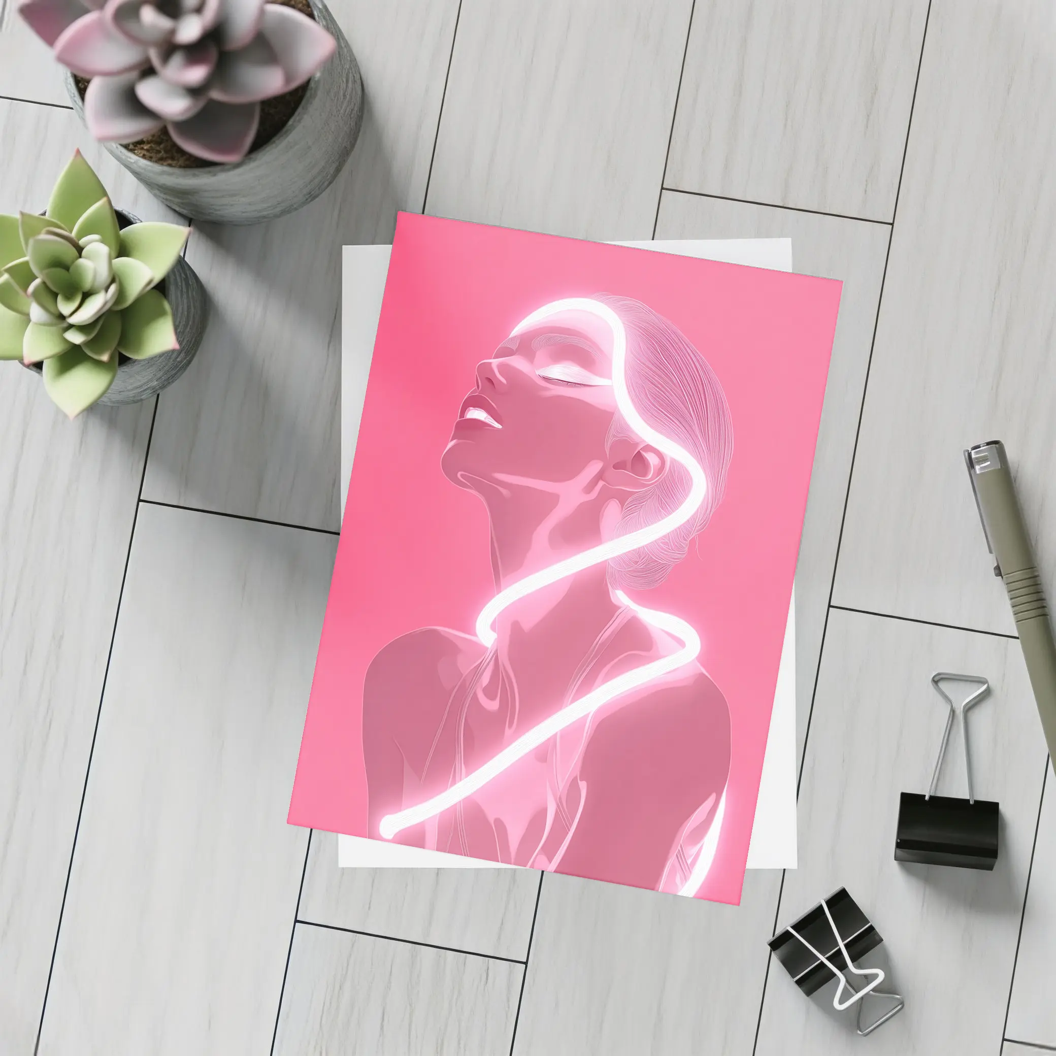 Neon Line Woman Portrait Pink Background Art – Postcards