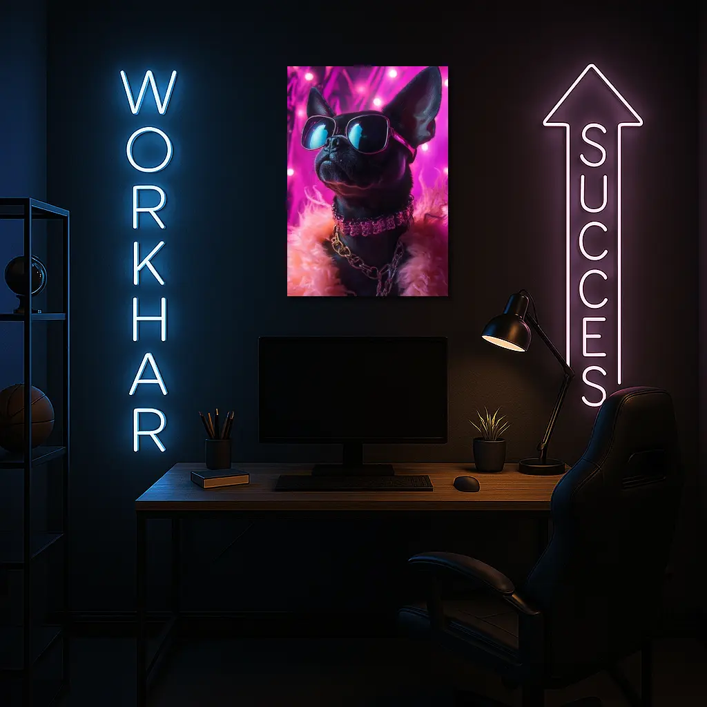 French Bulldog Sunglasses Pink Neon Background – Wall Art