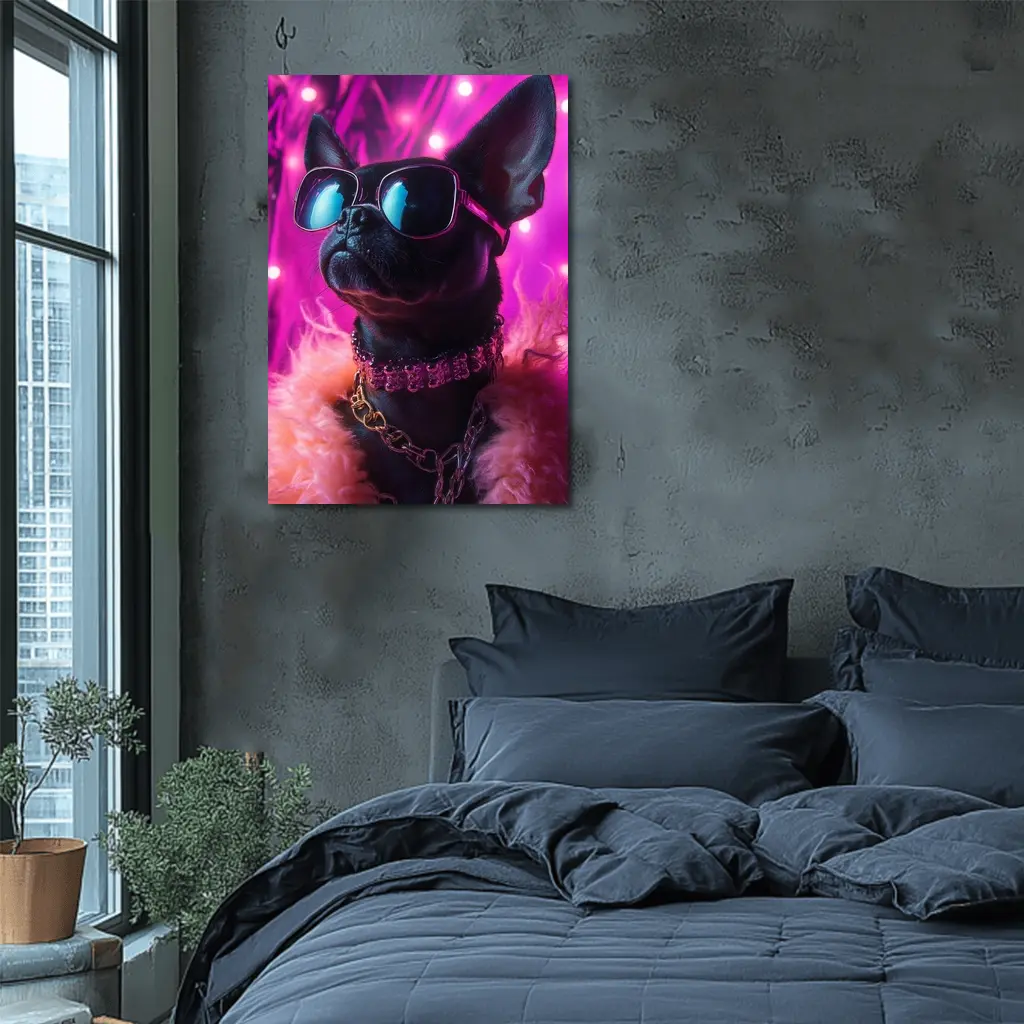 French Bulldog Sunglasses Pink Neon Background – Wall Art