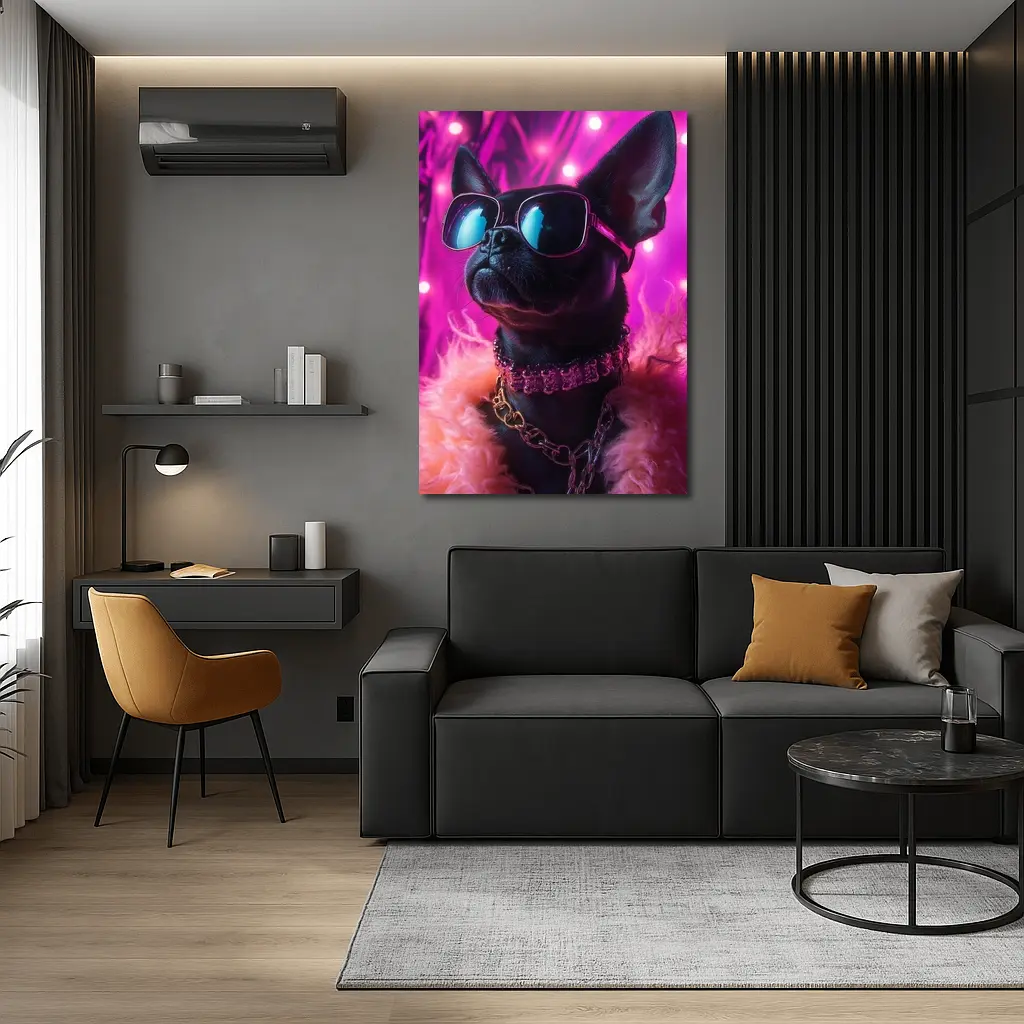 French Bulldog Sunglasses Pink Neon Background – Wall Art