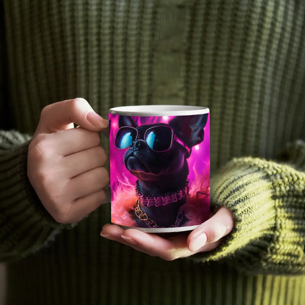 French Bulldog Sunglasses Pink Neon Background – Mugs