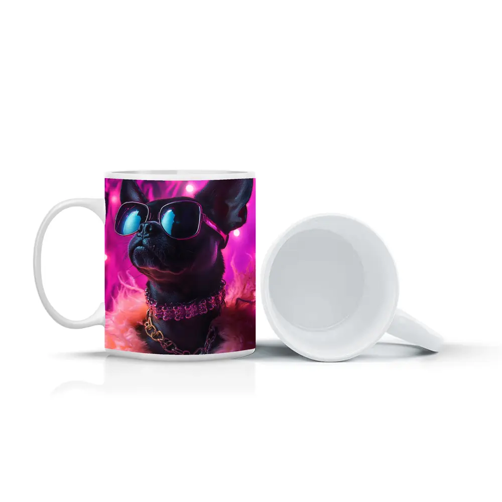 French Bulldog Sunglasses Pink Neon Background – Mugs