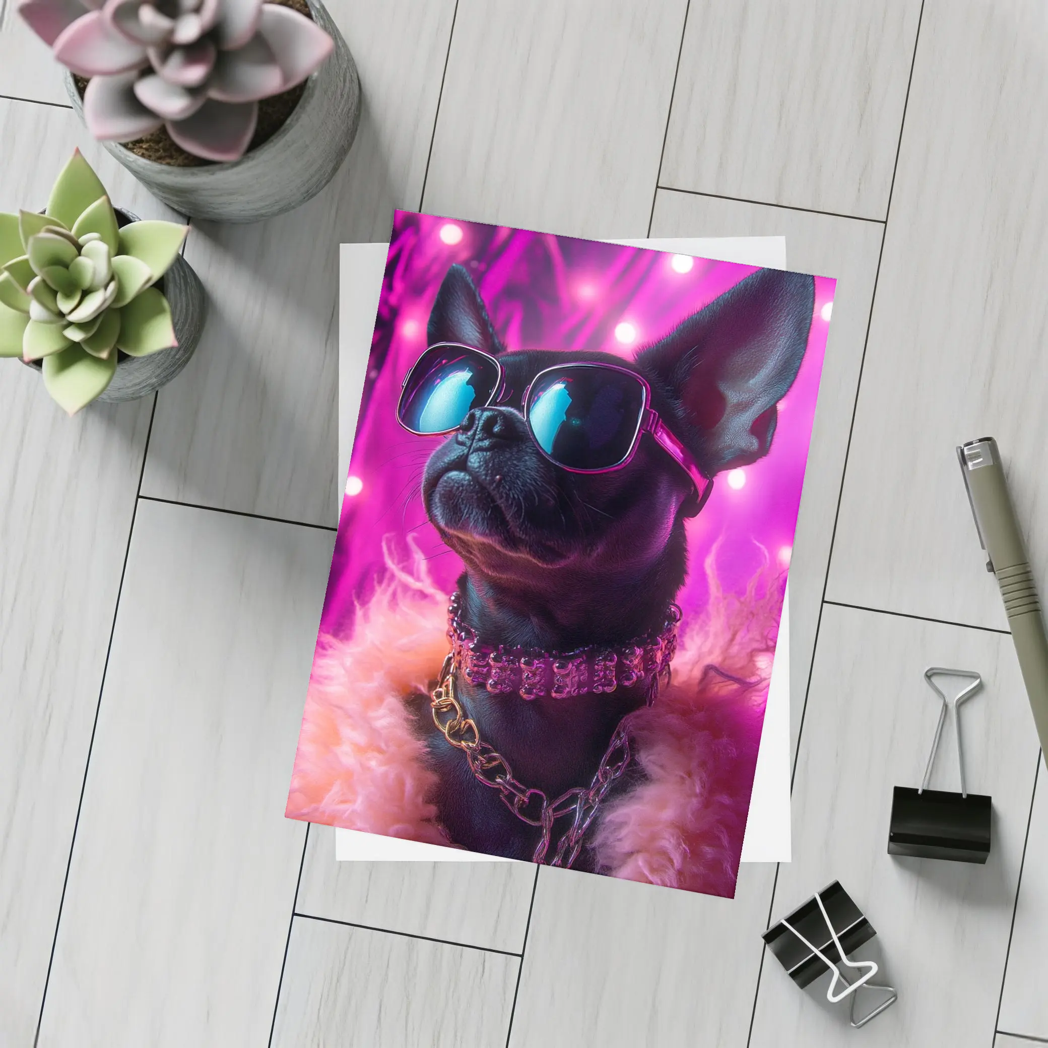 French Bulldog Sunglasses Pink Neon Background – Postcards