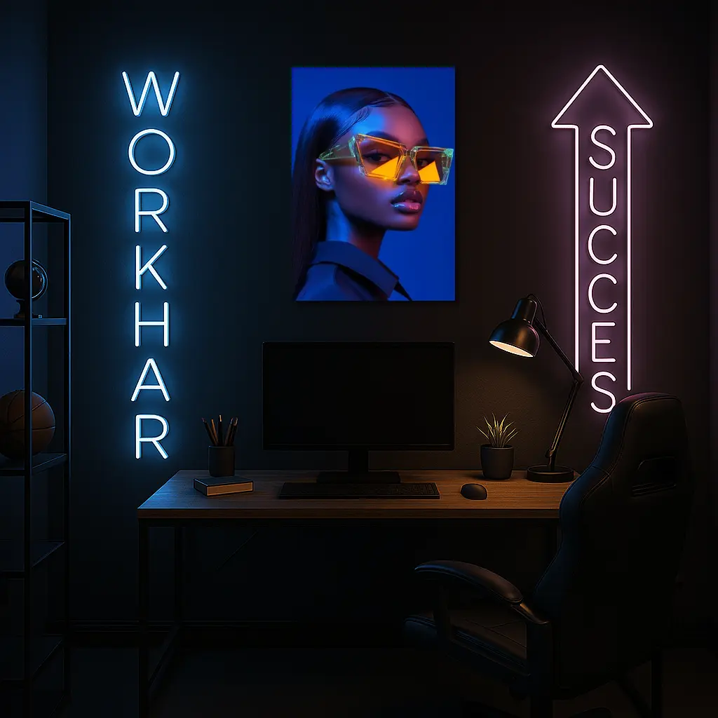Woman Neon Sunglasses Blue Studio Portrait – Wall Art