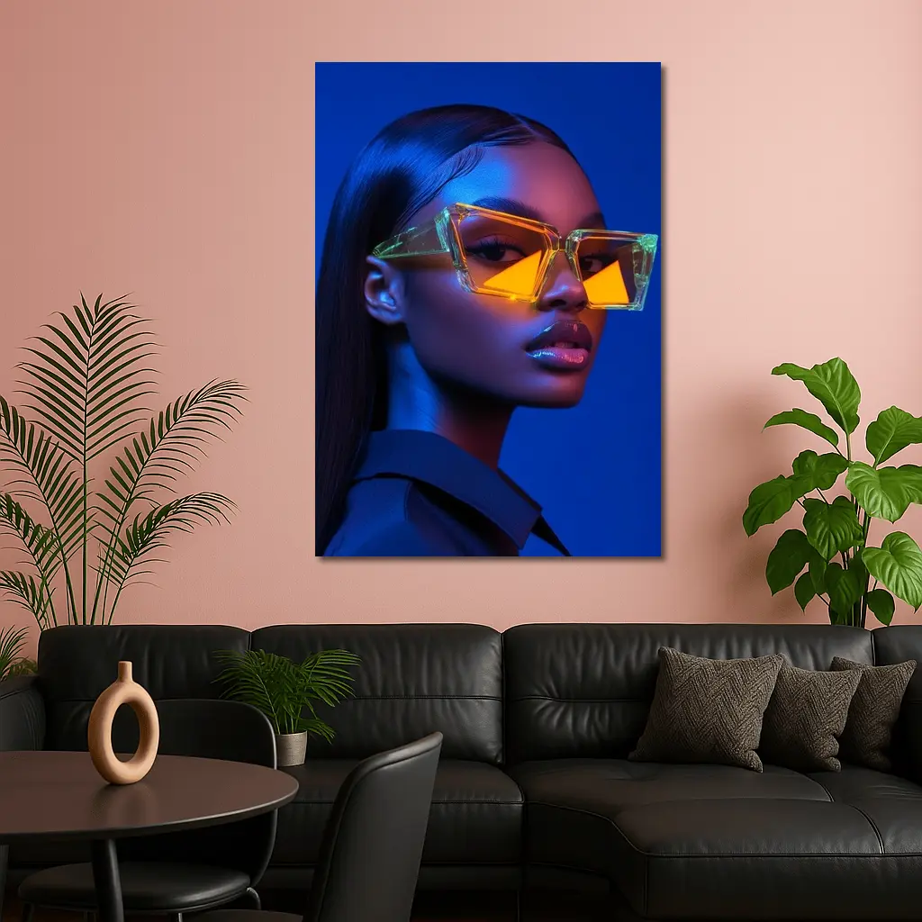 Woman Neon Sunglasses Blue Studio Portrait – Wall Art