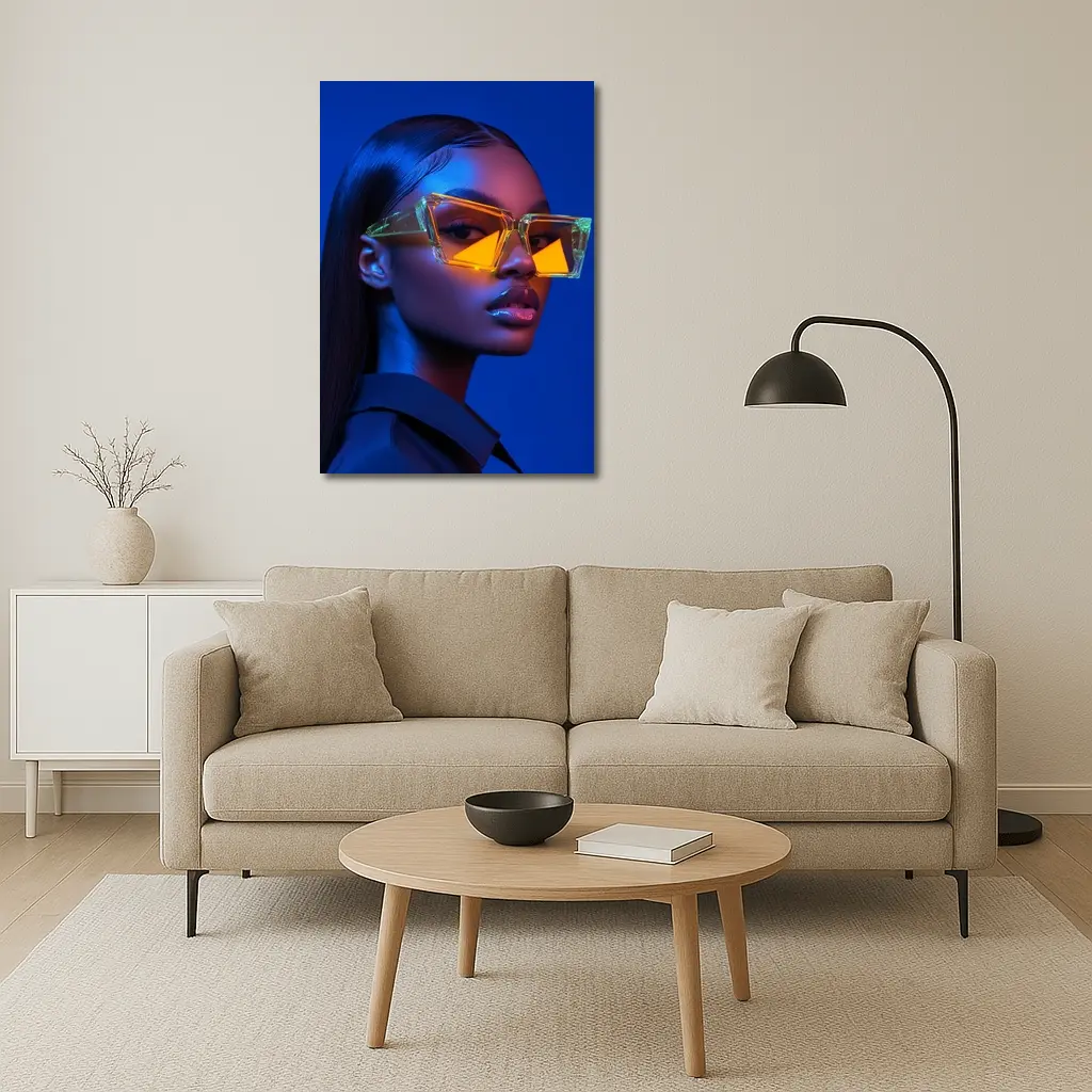 Woman Neon Sunglasses Blue Studio Portrait – Wall Art