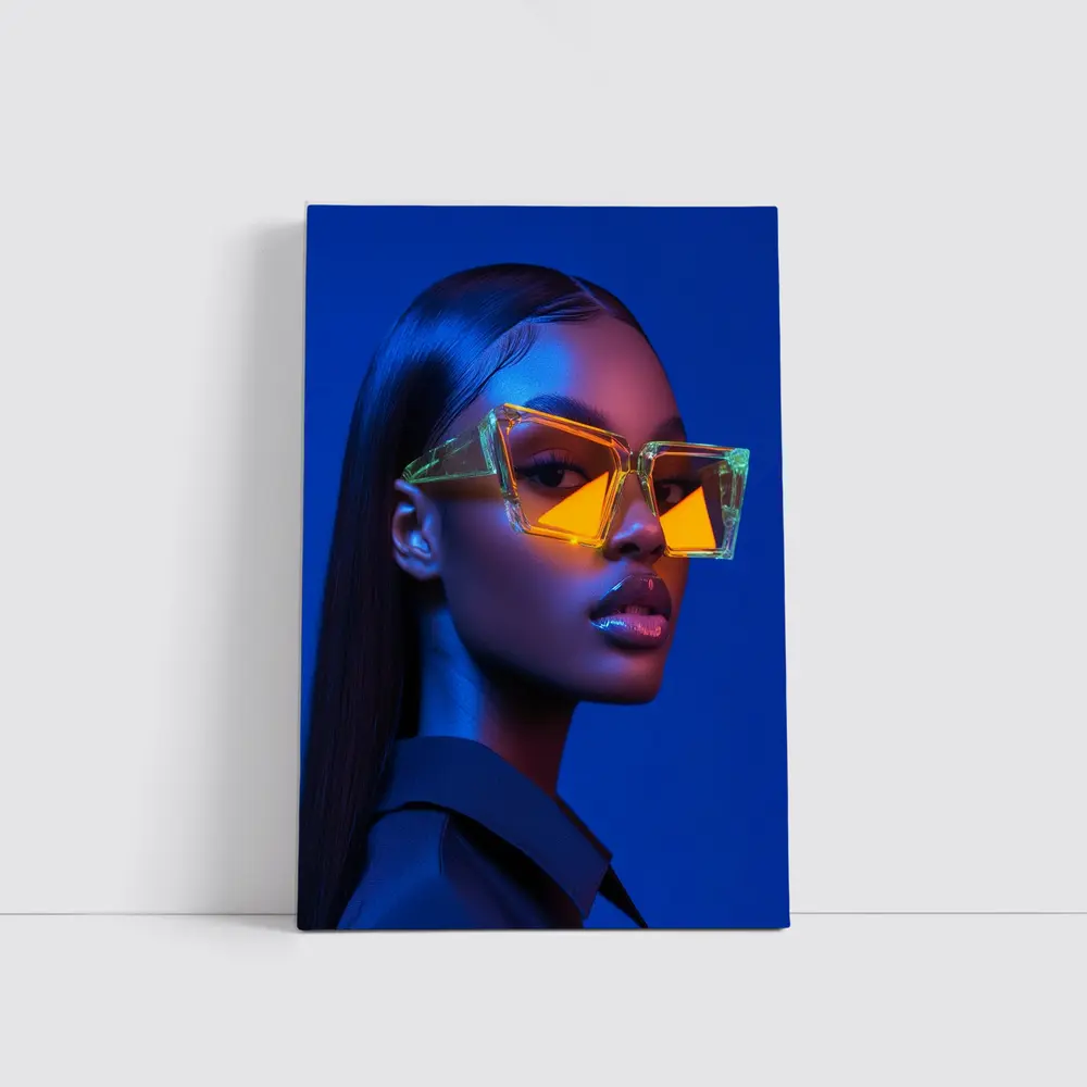 Woman Neon Sunglasses Blue Studio Portrait – Wall Art