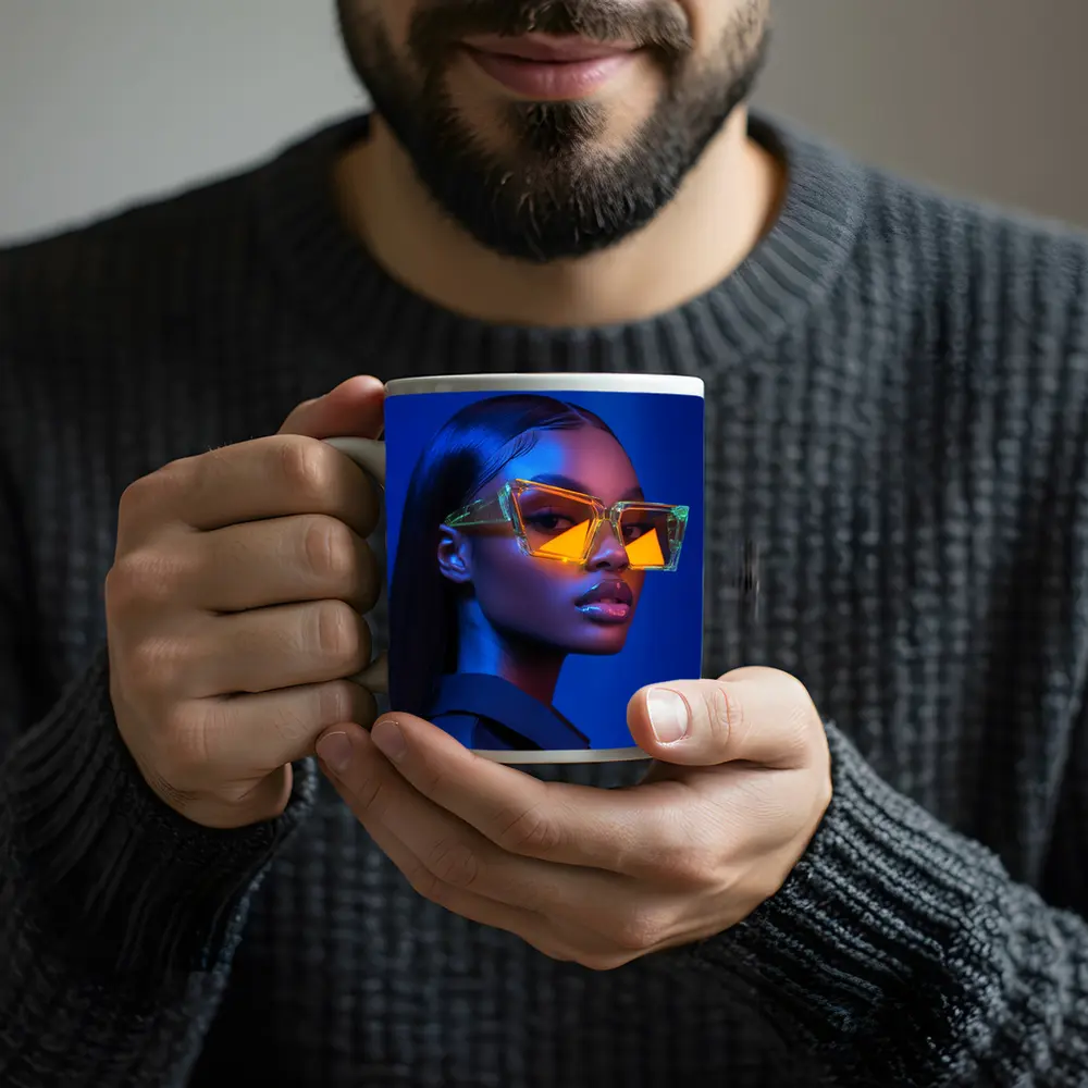 Woman Neon Sunglasses Blue Studio Portrait – Mugs