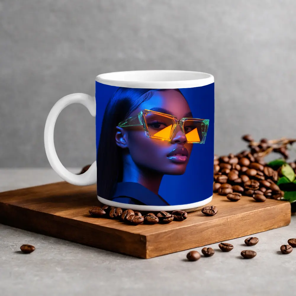 Woman Neon Sunglasses Blue Studio Portrait – Mugs