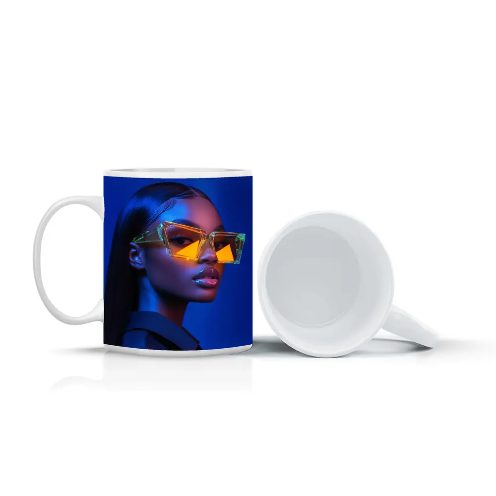 Woman Neon Sunglasses Blue Studio Portrait – Mugs