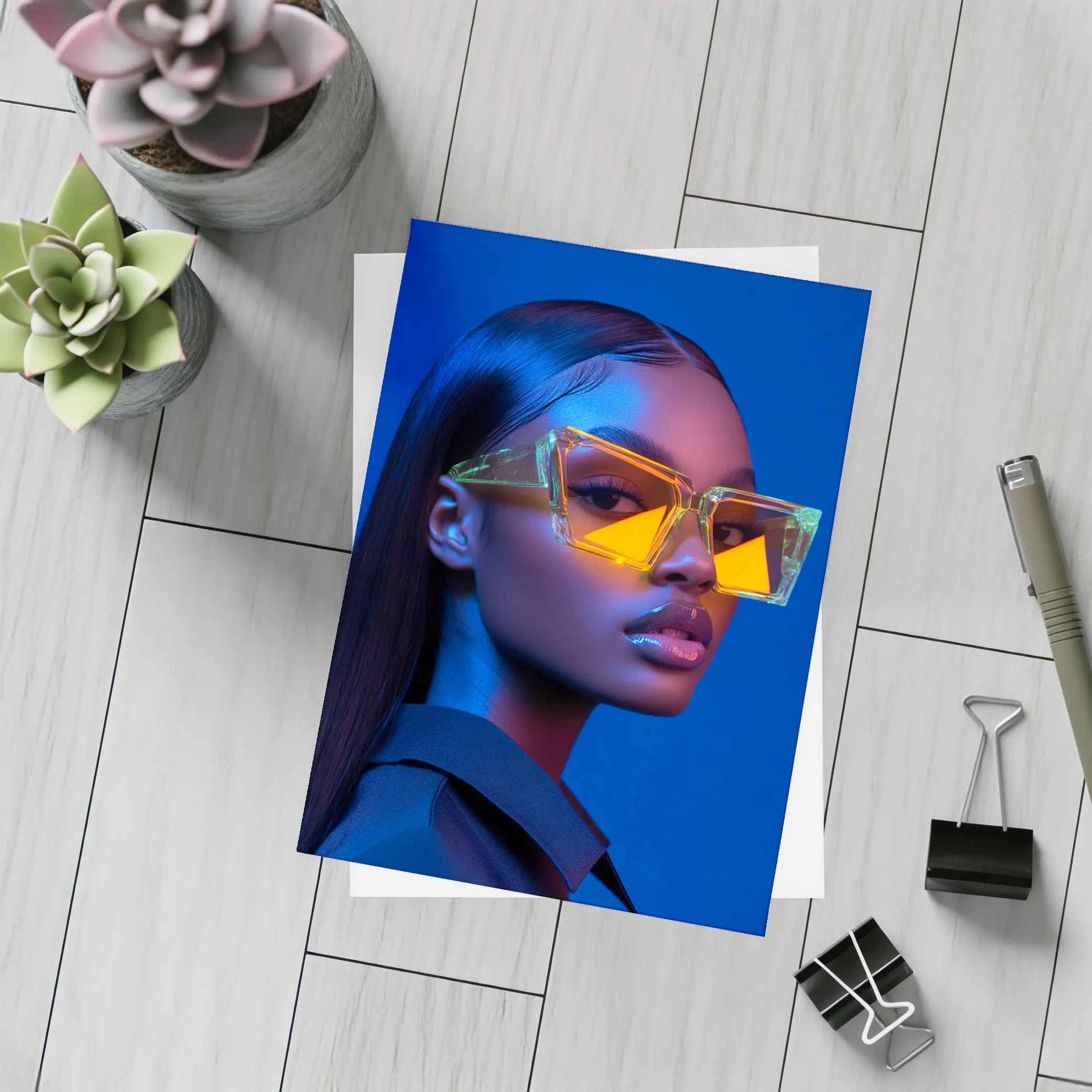 Woman Neon Sunglasses Blue Studio Portrait – Postcards