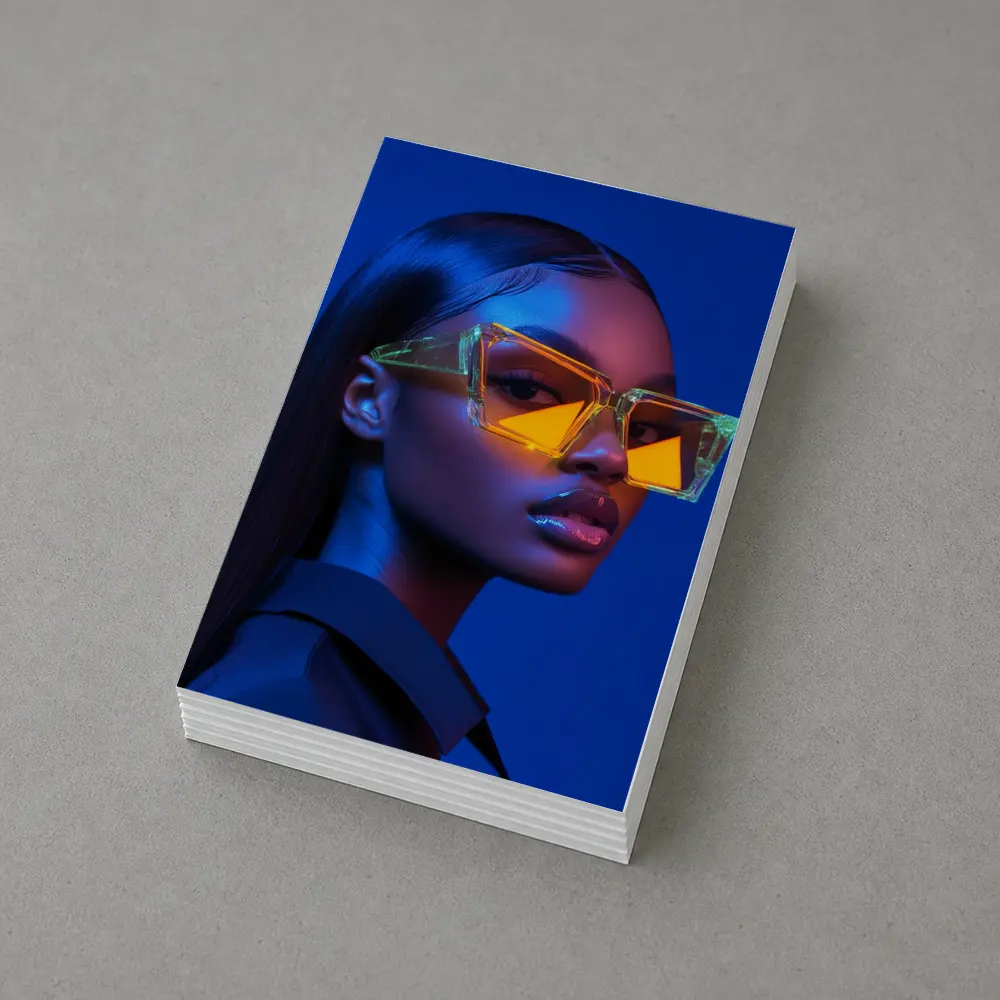 Woman Neon Sunglasses Blue Studio Portrait – Postcards