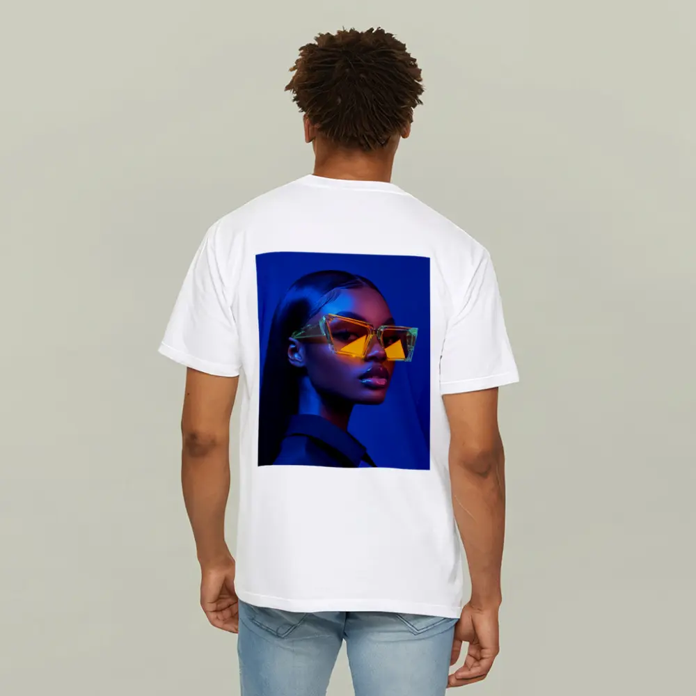 Woman Neon Sunglasses Blue Studio Portrait – T-Shirts