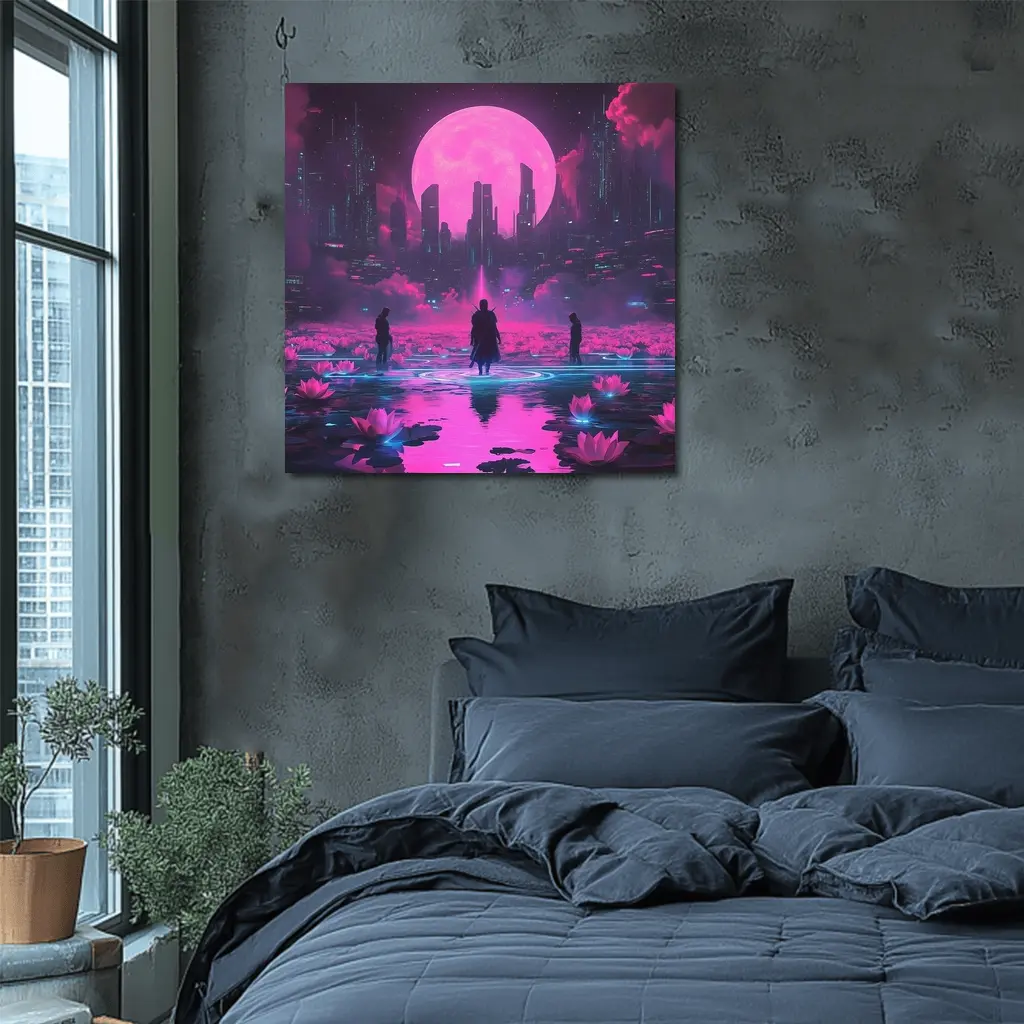 Cyberpunk Samurai Neon City Pink Moon – Wall Art