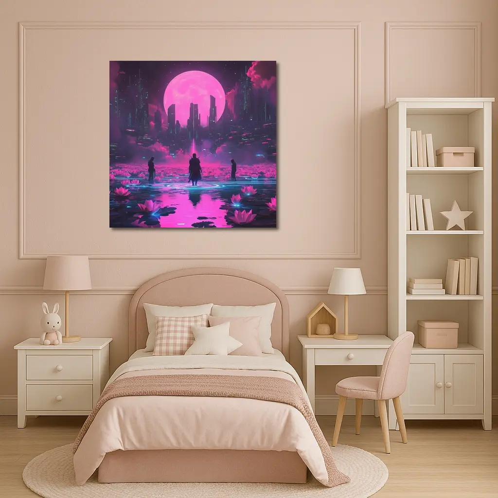 Cyberpunk Samurai Neon City Pink Moon – Wall Art