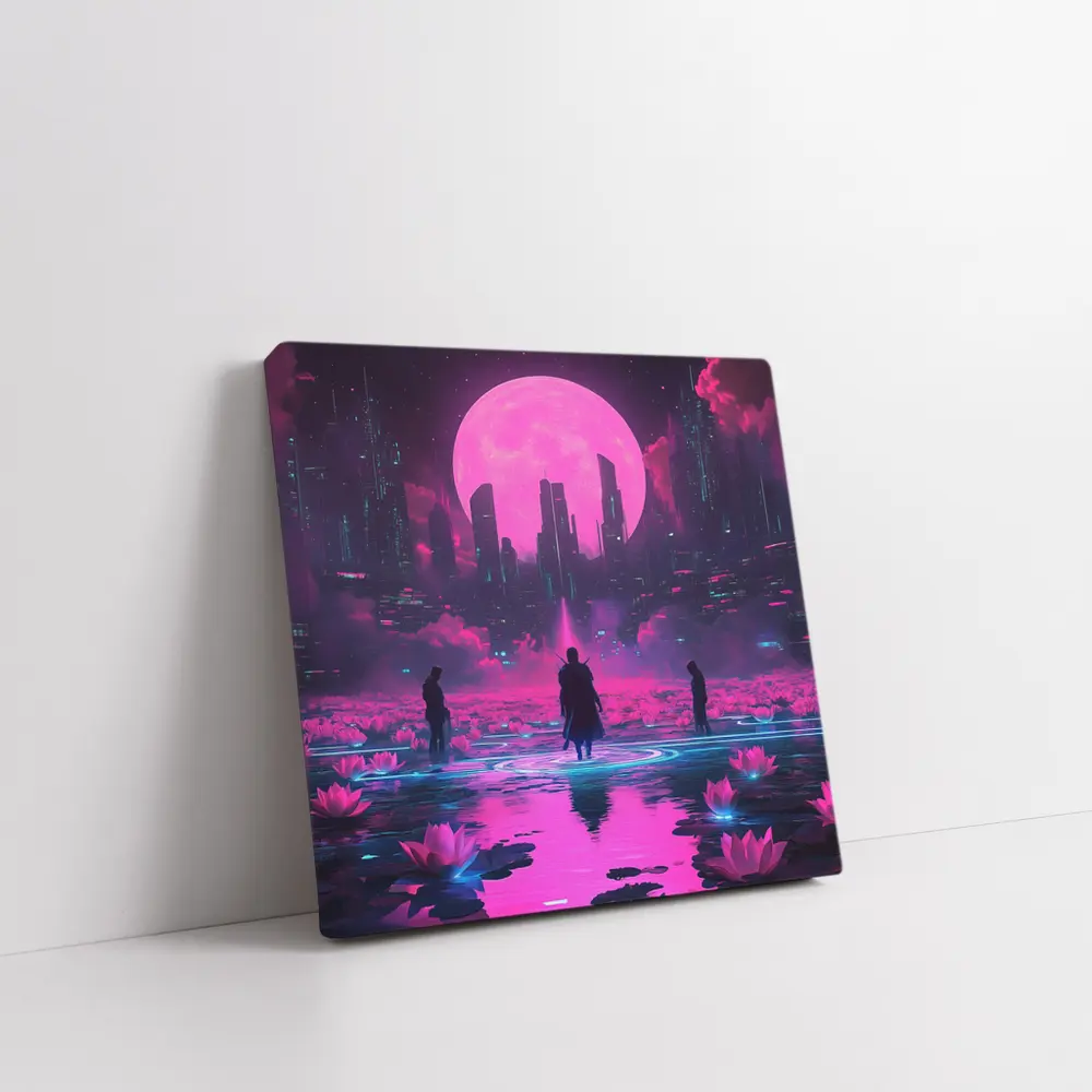 Cyberpunk Samurai Neon City Pink Moon – Wall Art