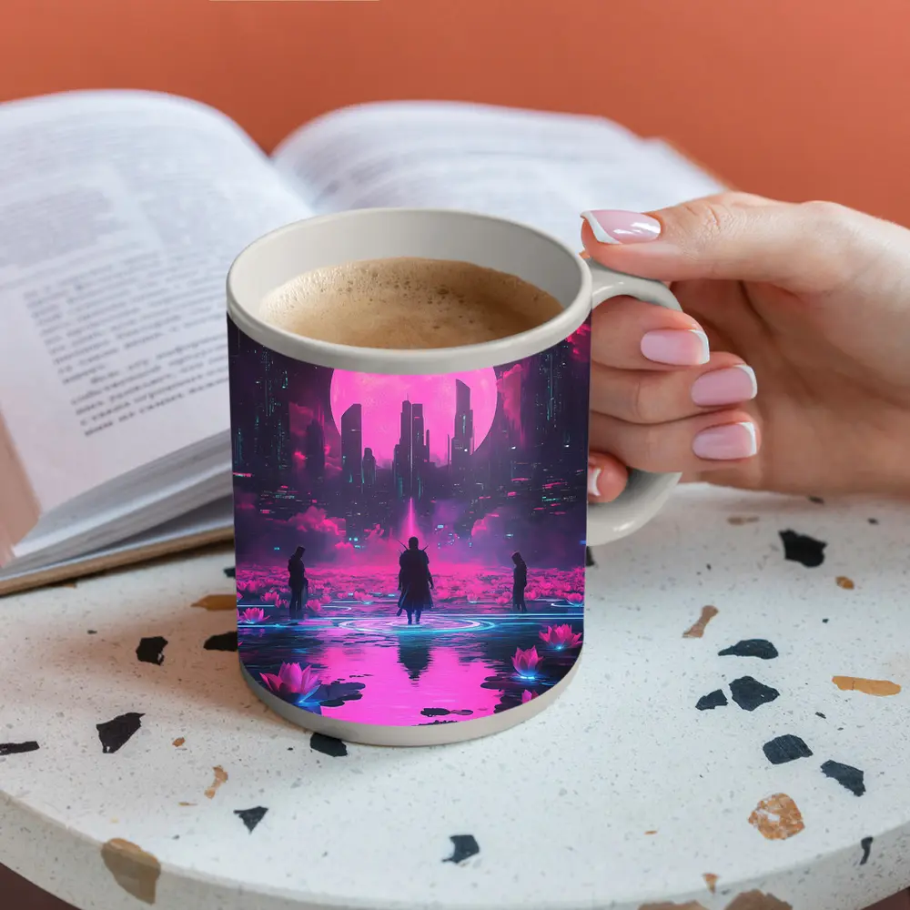 Cyberpunk Samurai Neon City Pink Moon – Mugs