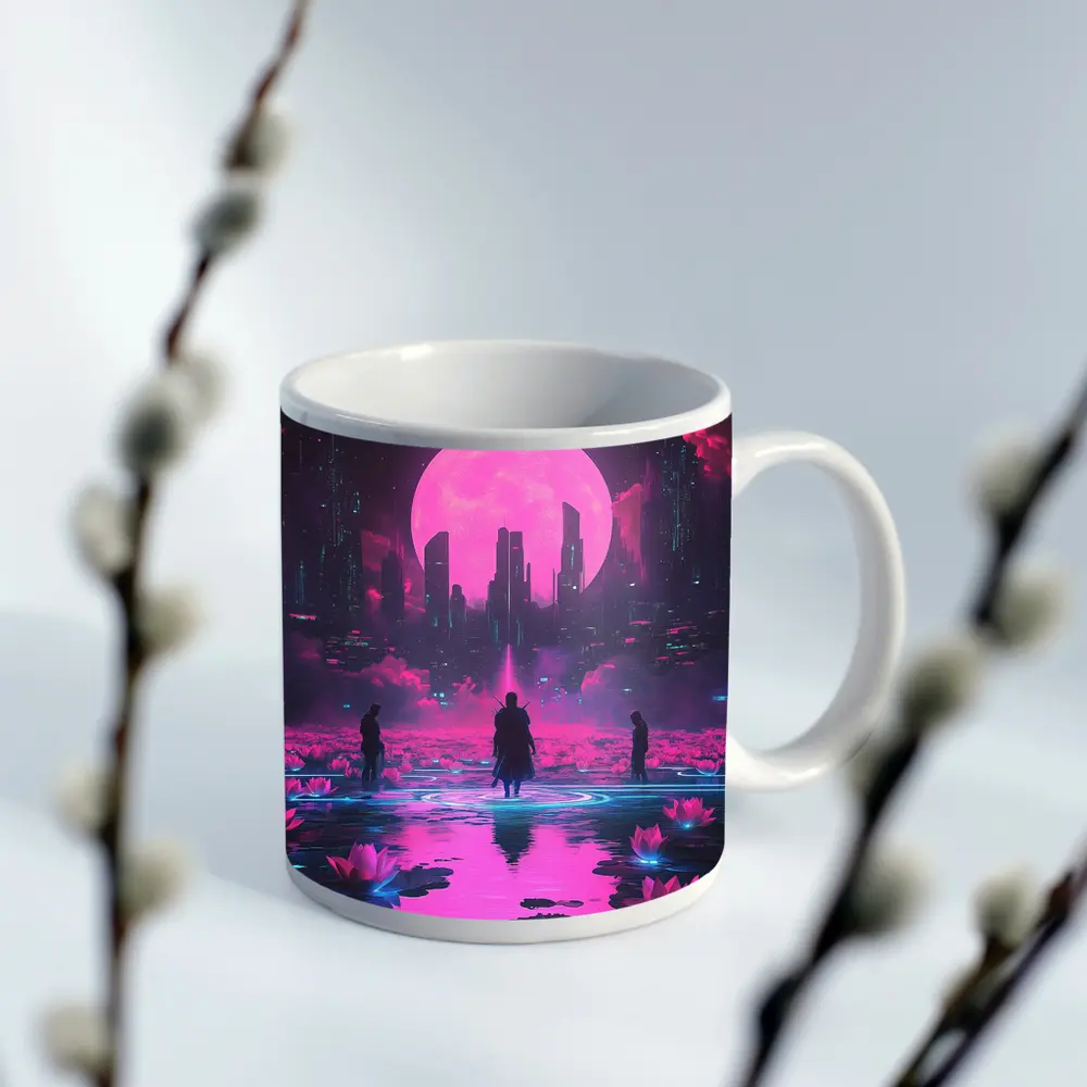 Cyberpunk Samurai Neon City Pink Moon – Mugs