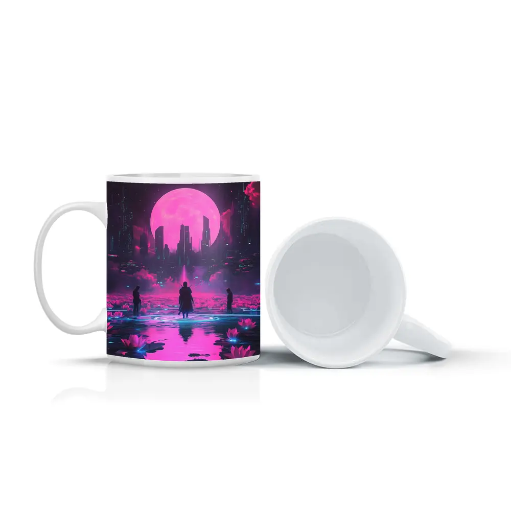 Cyberpunk Samurai Neon City Pink Moon – Mugs