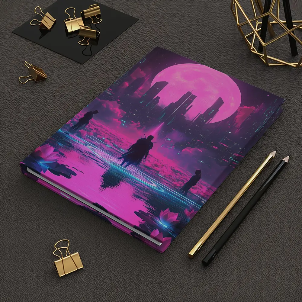 Cyberpunk Samurai Neon City Pink Moon – Notebooks