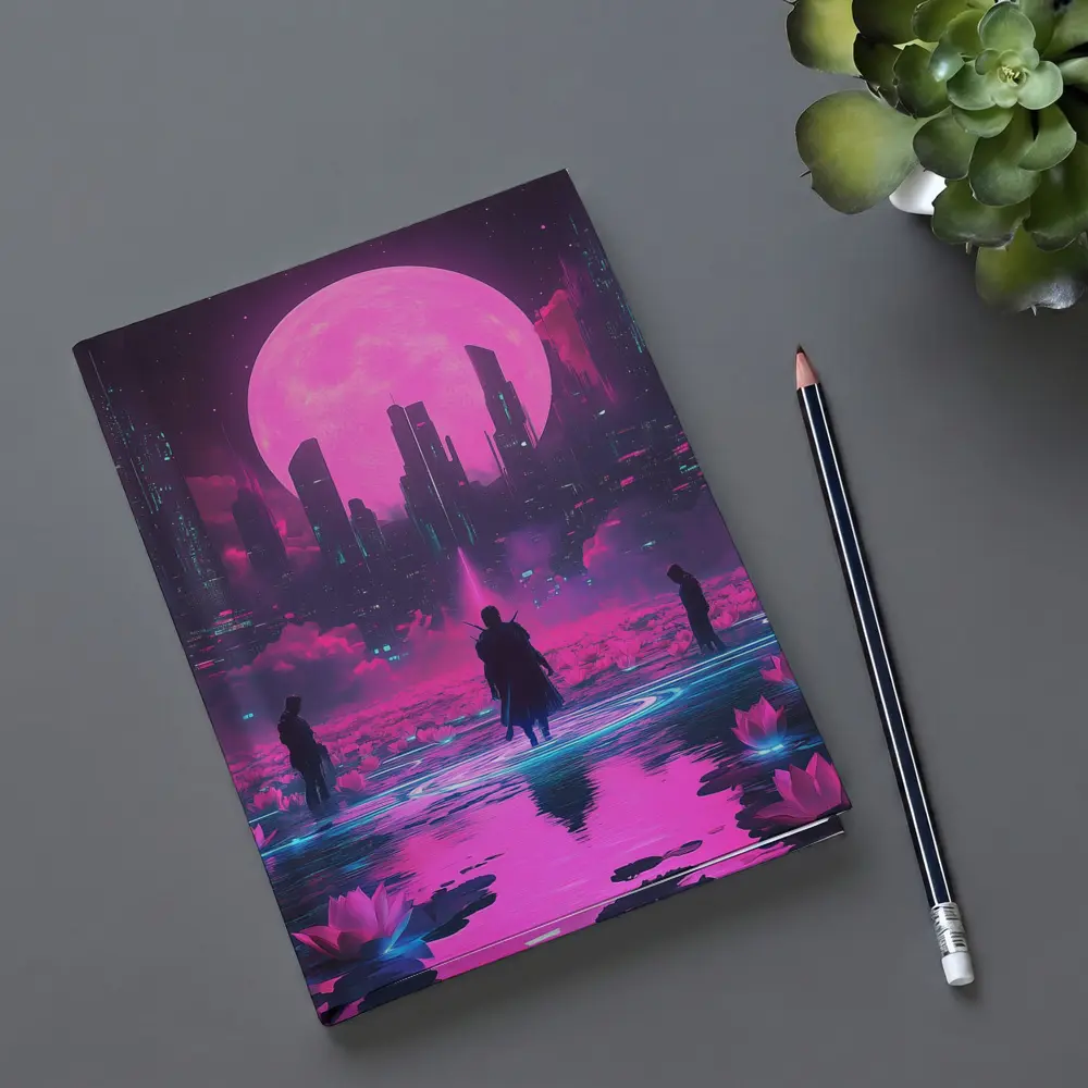 Cyberpunk Samurai Neon City Pink Moon – Notebooks