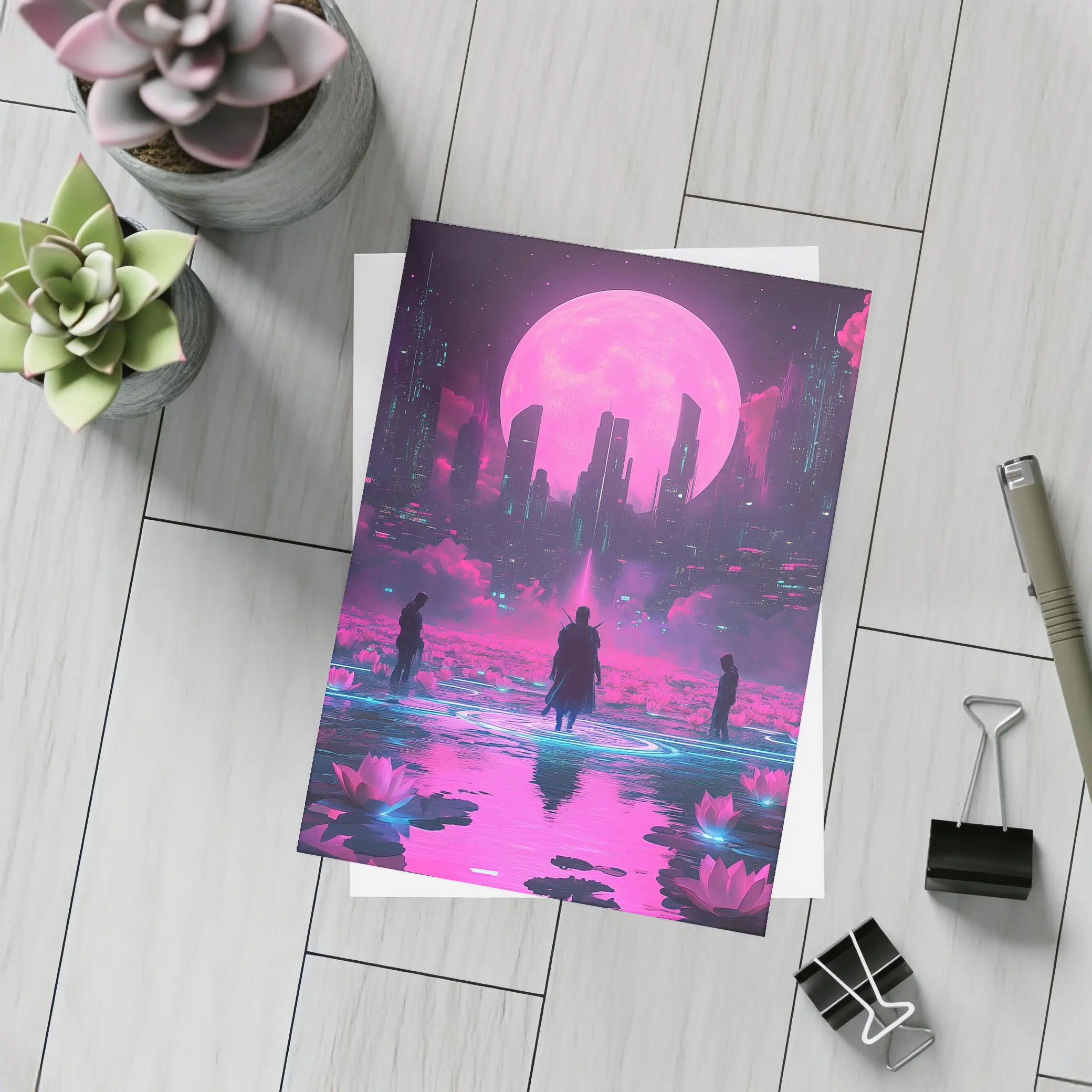 Cyberpunk Samurai Neon City Pink Moon – Postcards