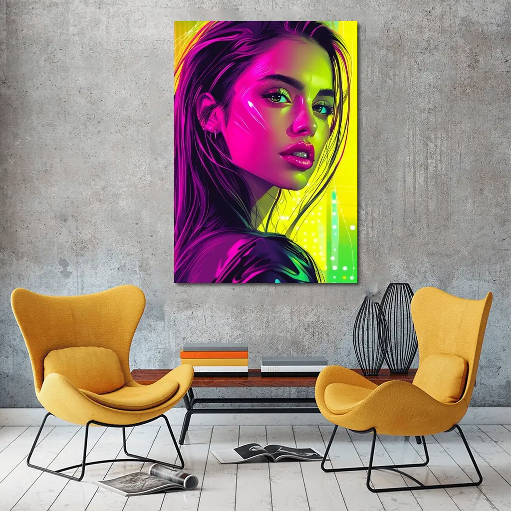 Neon Pop Art Portrait Girl Yellow Background – Wall Art