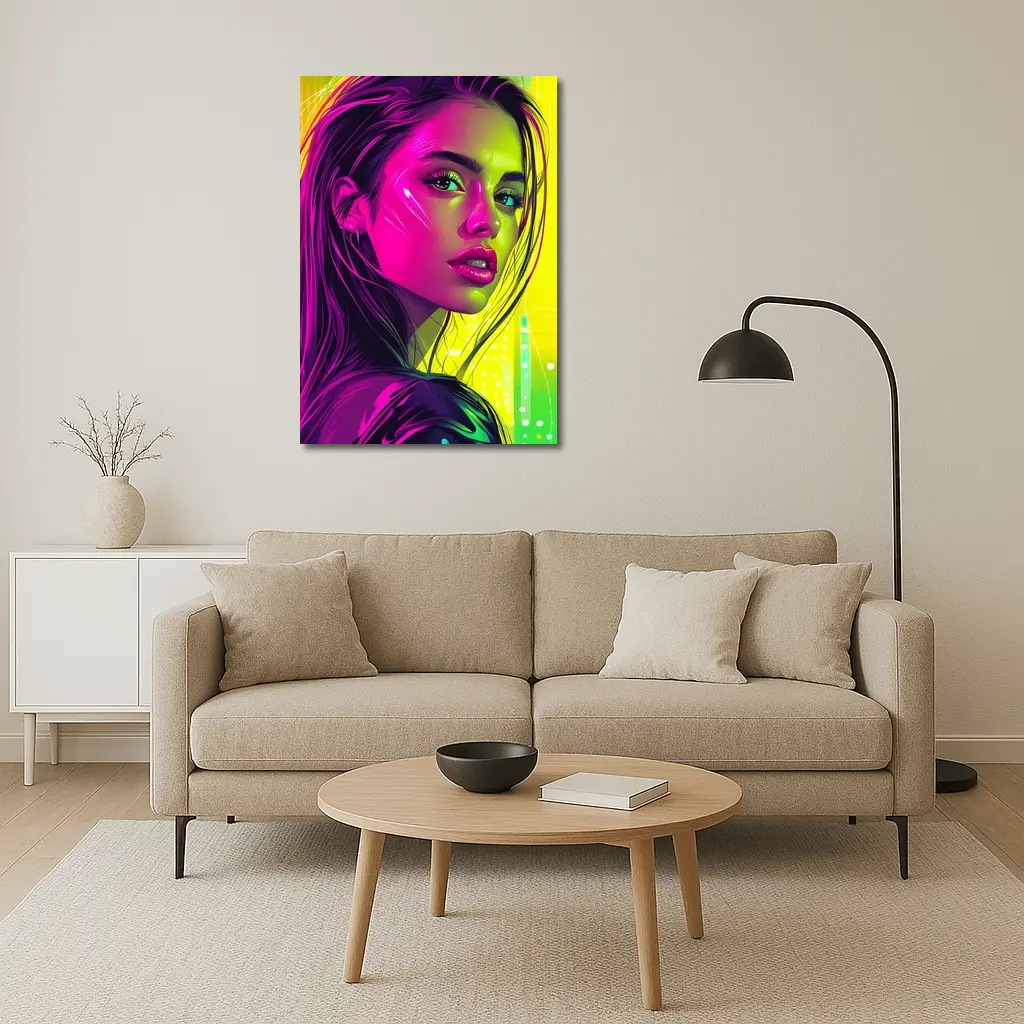 Neon Pop Art Portrait Girl Yellow Background – Wall Art