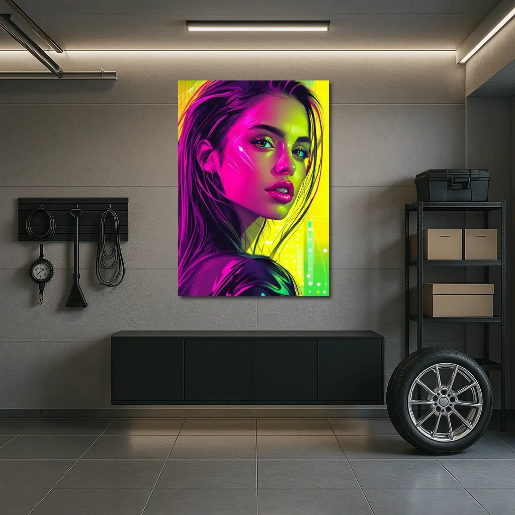 Neon Pop Art Portrait Girl Yellow Background – Wall Art