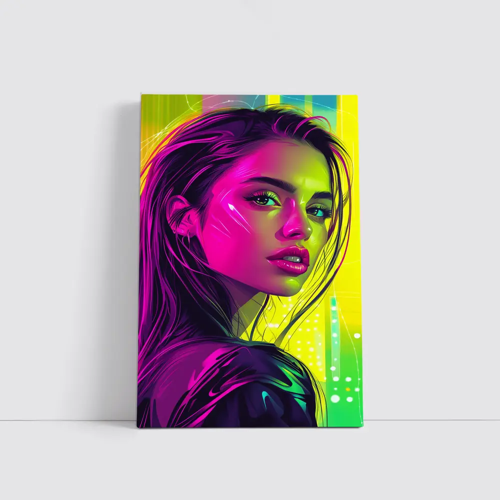Neon Pop Art Portrait Girl Yellow Background – Wall Art