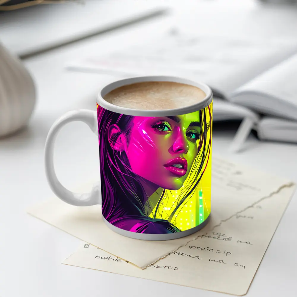 Neon Pop Art Portrait Girl Yellow Background – Mugs