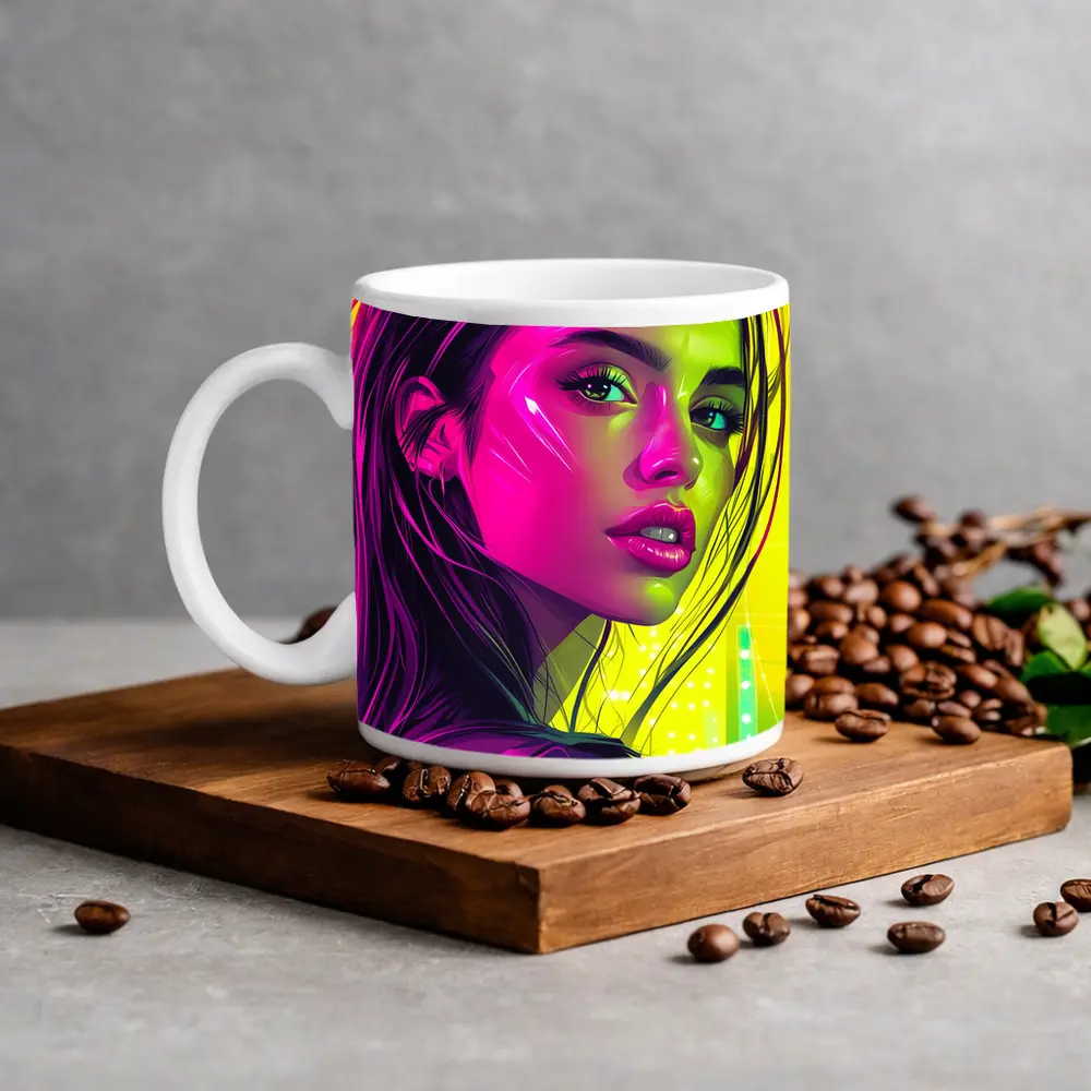 Neon Pop Art Portrait Girl Yellow Background – Mugs