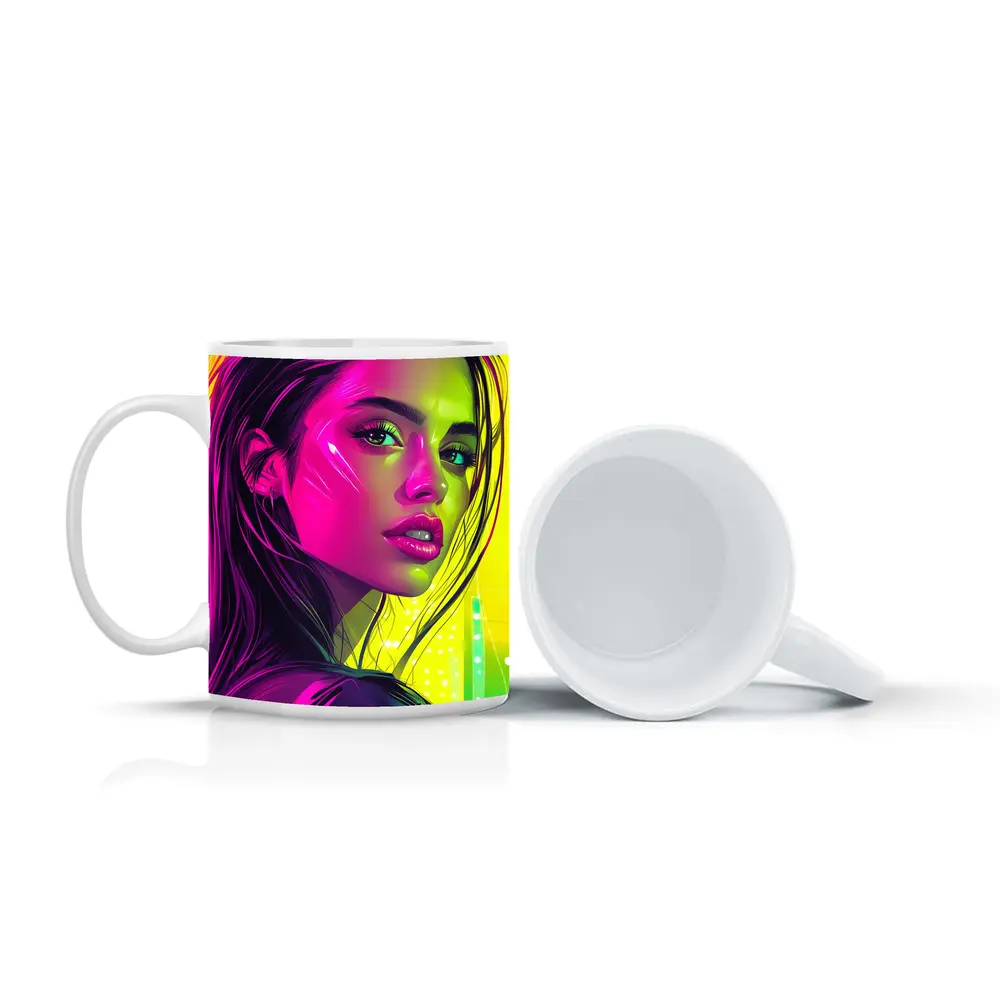 Neon Pop Art Portrait Girl Yellow Background – Mugs