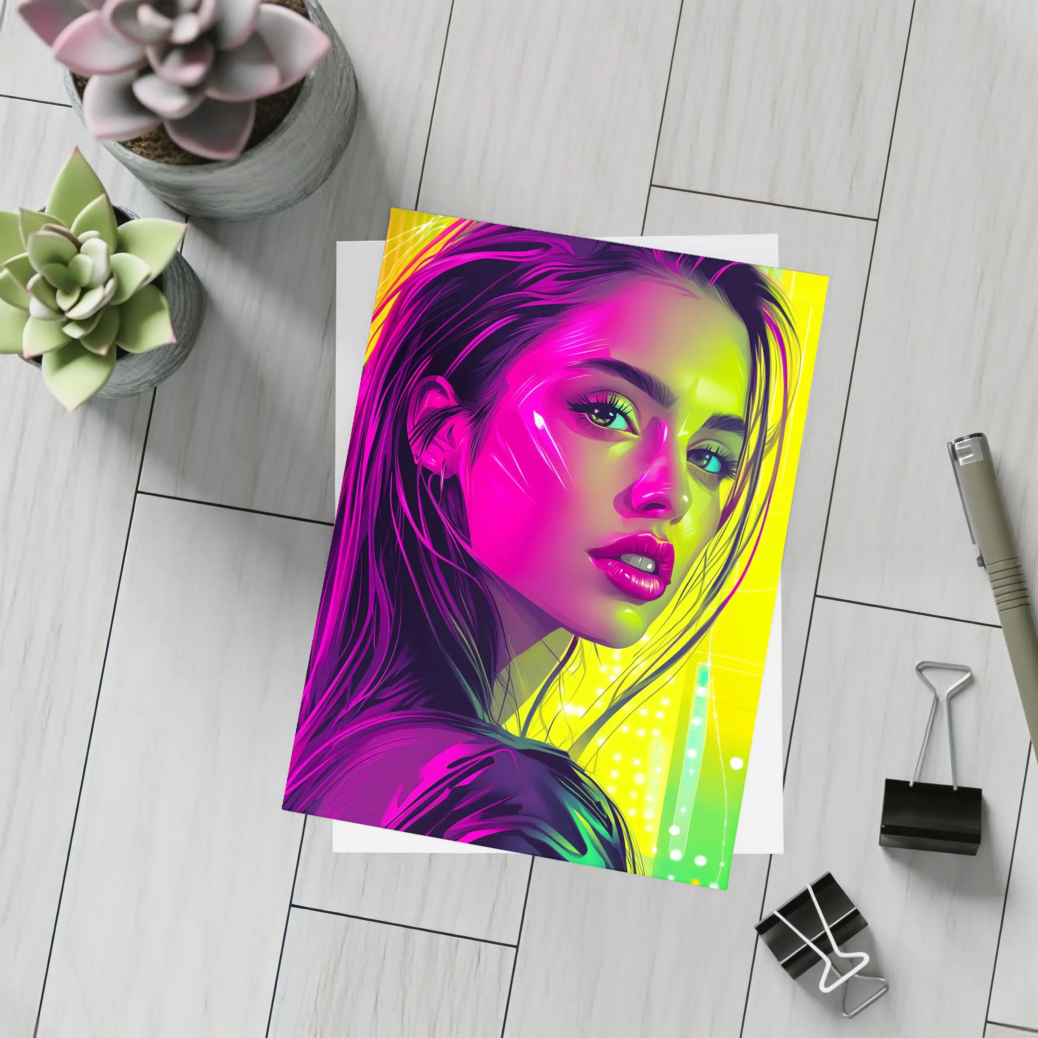 Neon Pop Art Portrait Girl Yellow Background – Postcards