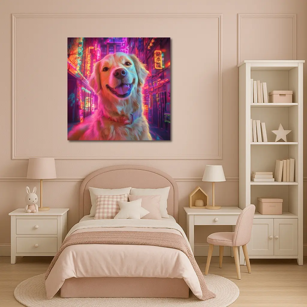 Golden Retriever Neon City Night Art – Wall Art
