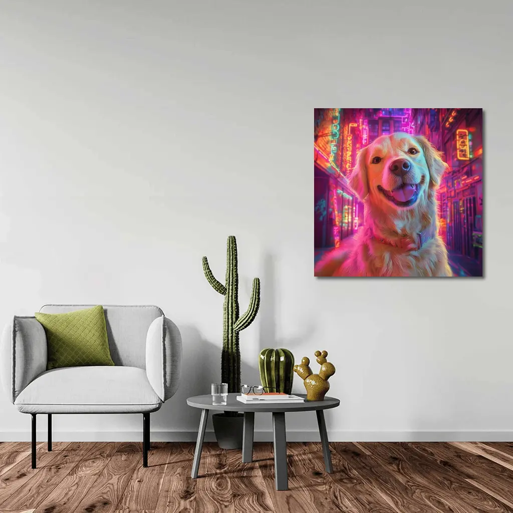 Golden Retriever Neon City Night Art – Wall Art