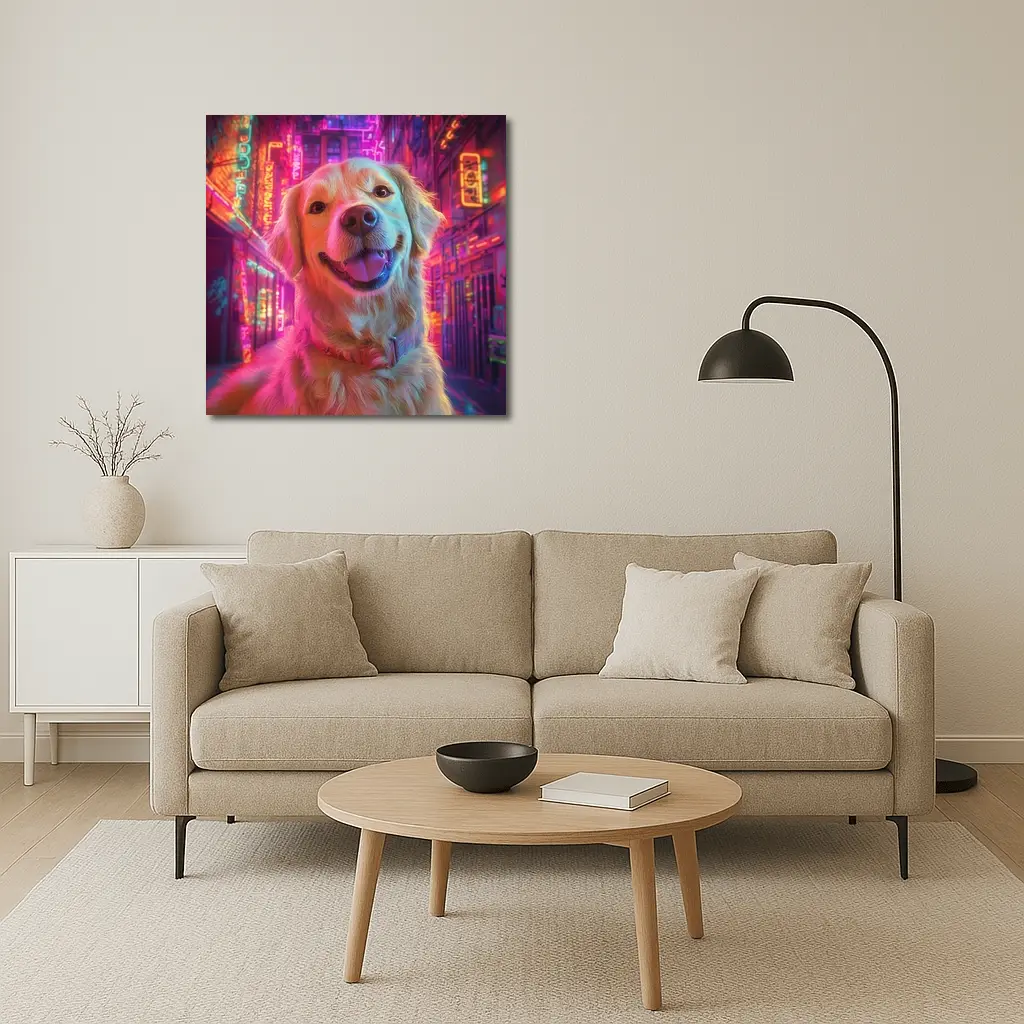 Golden Retriever Neon City Night Art – Wall Art
