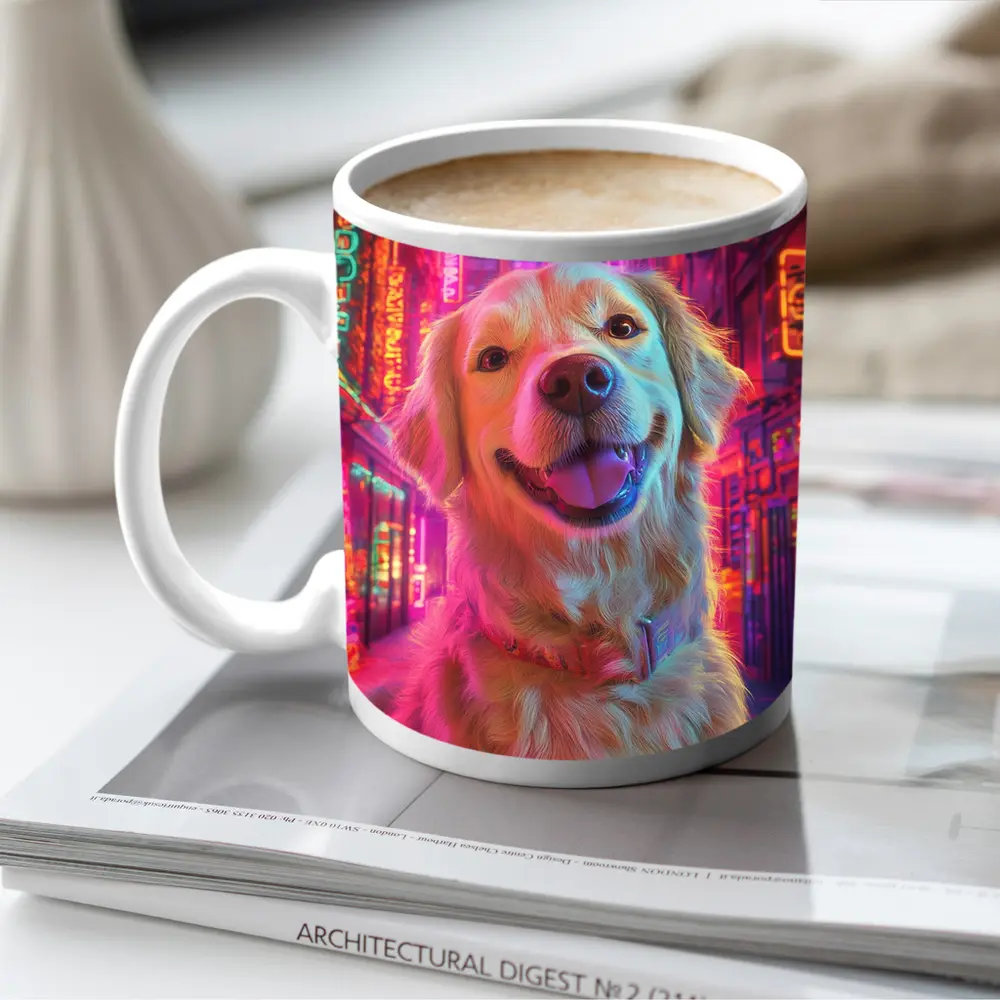 Golden Retriever Neon City Night Art – Mugs