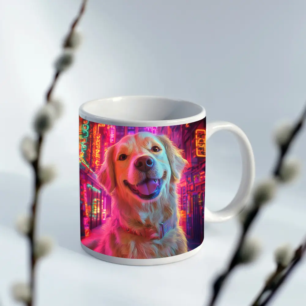 Golden Retriever Neon City Night Art – Mugs