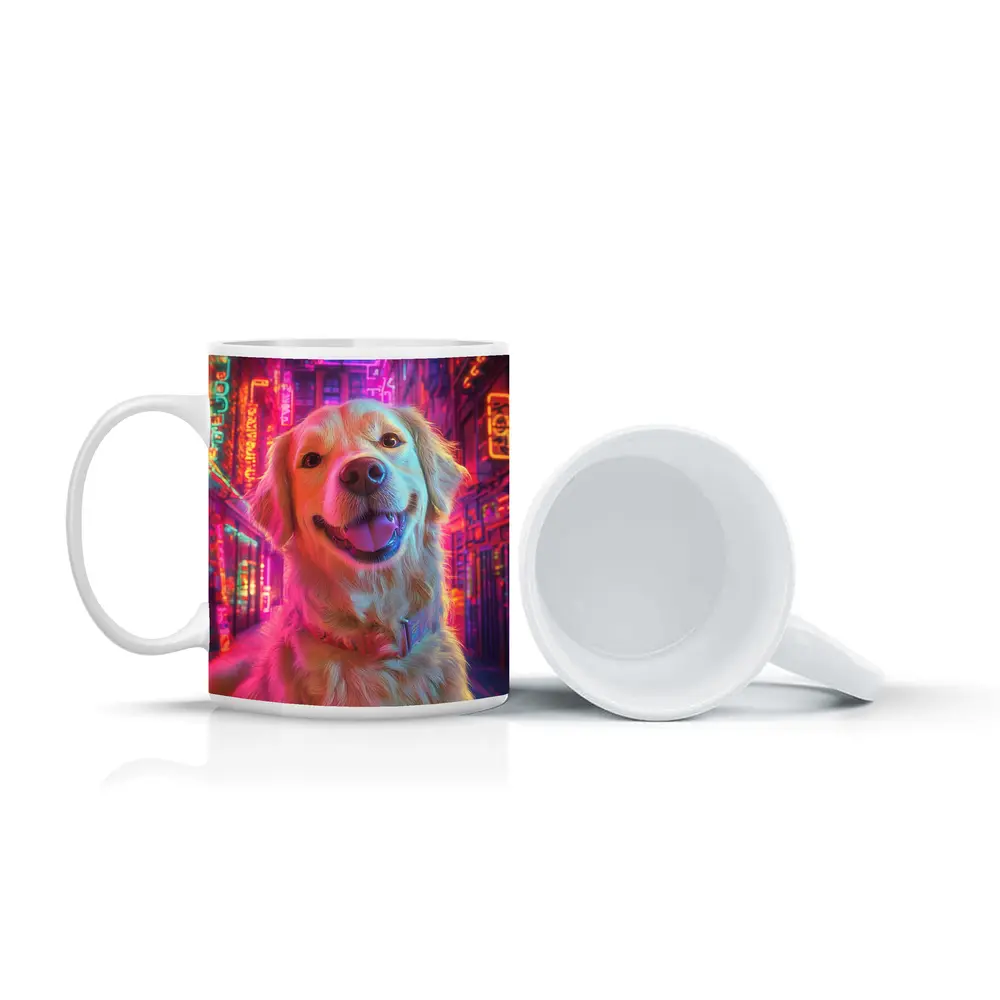 Golden Retriever Neon City Night Art – Mugs