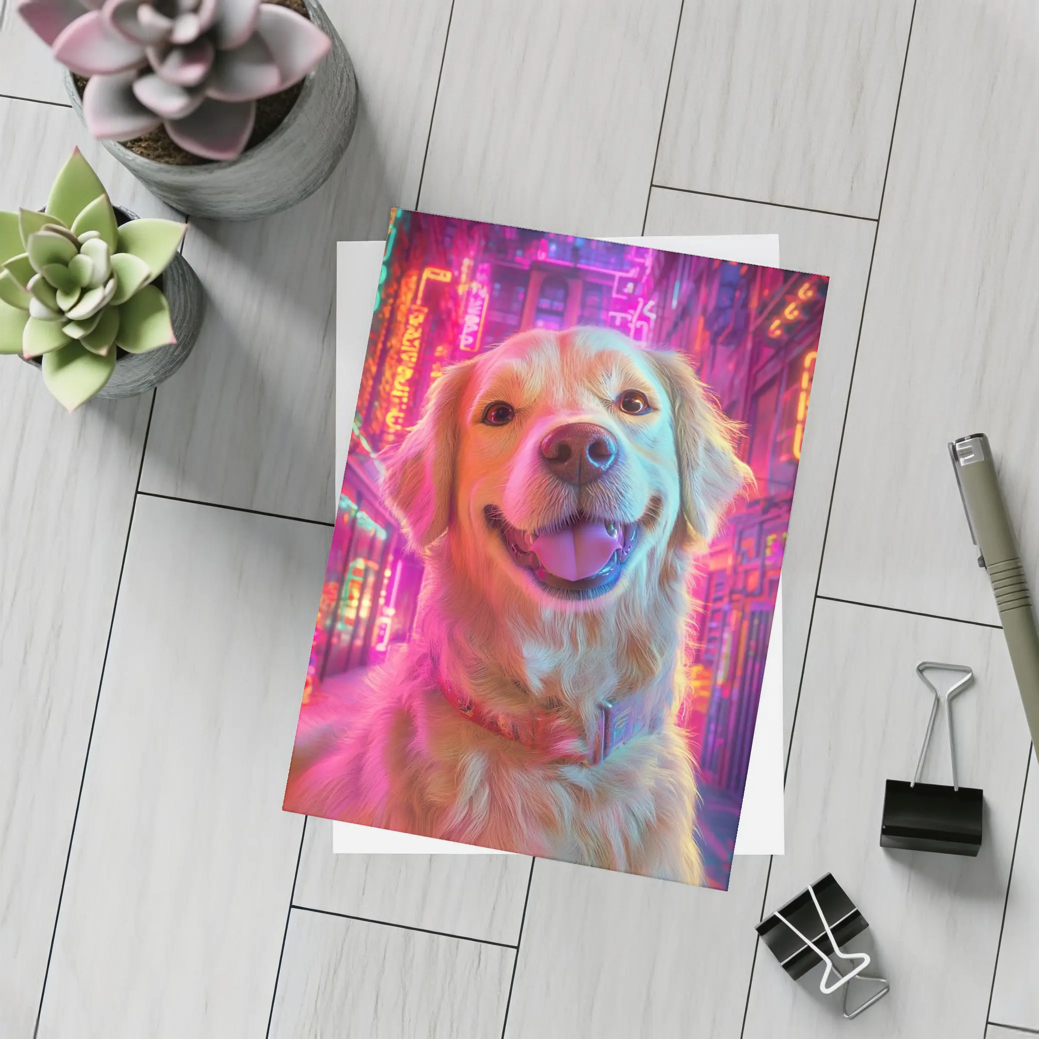 Golden Retriever Neon City Night Art – Postcards